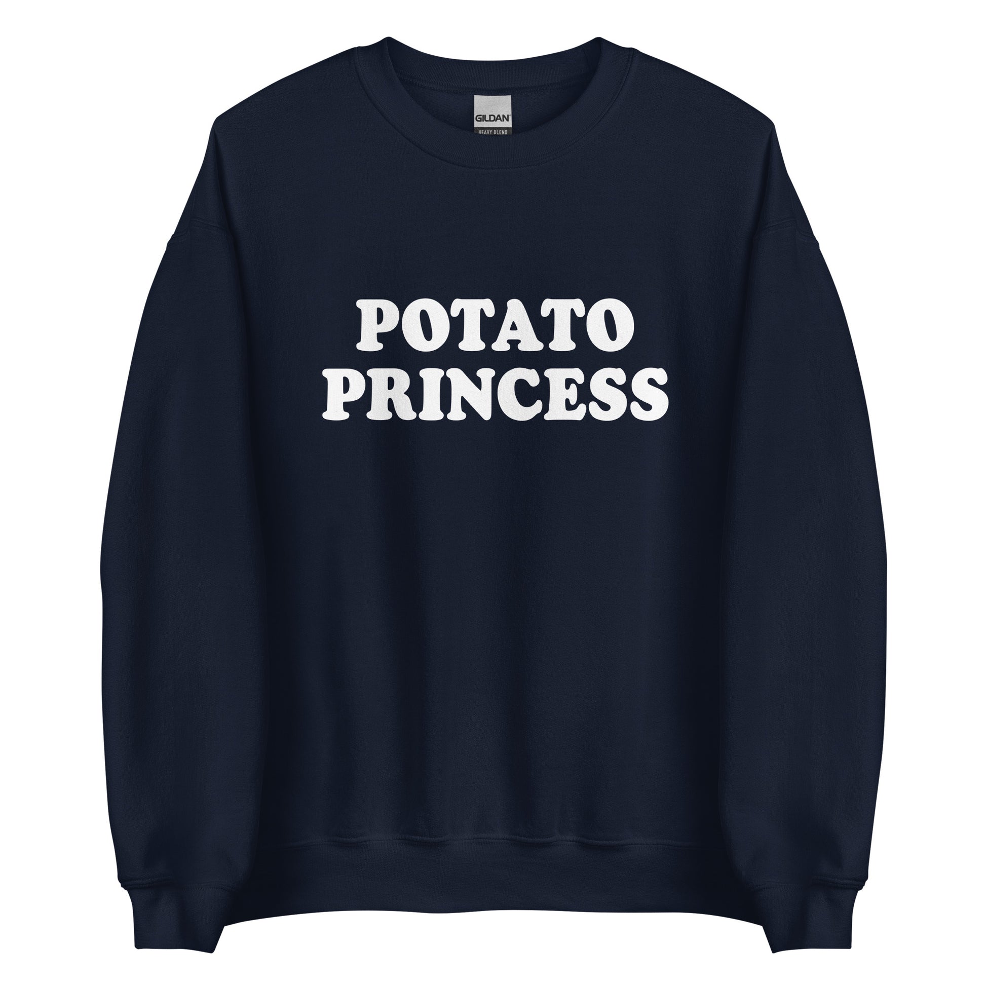 Navy potato princess crewneck sweatshirt from Nina's Funky Shop by ninanush - Do you love potatoes? Looking for a funny gift for a friend? Our Potato Crewneck Sweatshirt is just what you need. It's a unisex potato sweatshirt with "Potato Princess" on the front. A funny foodie sweatshirt for cozy nights in or stand out potato lover streetwear. This potato enthusiast sweatshirt is bold and made just for you.