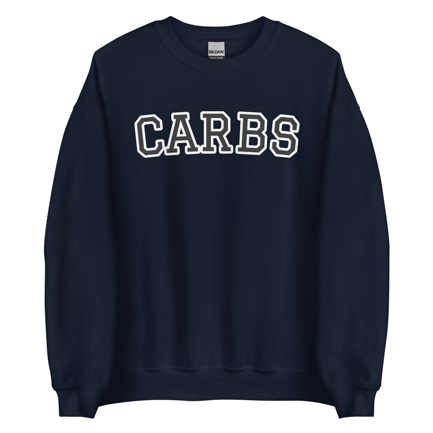 Navy Carb Sweatshirt from Nina's Funky Shop by ninanush - Do you love carbs? Looking for a funny foodie gift? Our Carbs Crewneck Sweatshirt is soft, comfortable and just what you need. It's a unisex food lover sweatshirt that comes in a variety of colors with "Carbs", expertly printed on the front in bold letters. A funny foodie sweatshirt or quirky streetwear for carb enthusiasts.