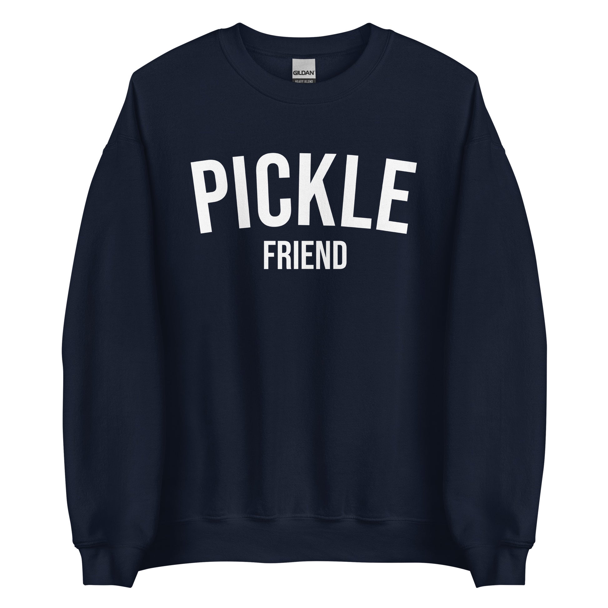 Navy Pickle Friend Sweatshirt from Nina's Funky Shop by ninanush - Love pickles? Looking for a funny pickle gift? Our Pickle Friend Crewneck Sweatshirt is just what you need. It's a unisex pickle sweatshirt with "Pickle Friend" on the front. A funny foodie sweatshirt or quirky streetwear for pickle lovers. This varsity style pickle sweatshirt is designed by Nina and made just for you.