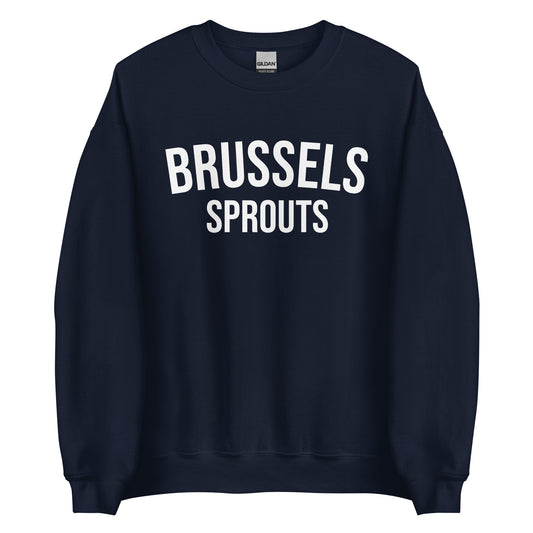 Navy Brussels Sprouts Sweatshirt from Nina's Funky Shop by ninanush - Do you love Brussels sprouts? Looking for a funny foodie gift? Our Brussels Sprouts Crewneck Sweatshirt is just what you need. It's a unisex unique sweatshirt with "Brussels Sprouts" on the front. A funny foodie sweatshirt for Brussels Sprouts enthusiasts. This varsity style pickle sweatshirt is designed by Nina.