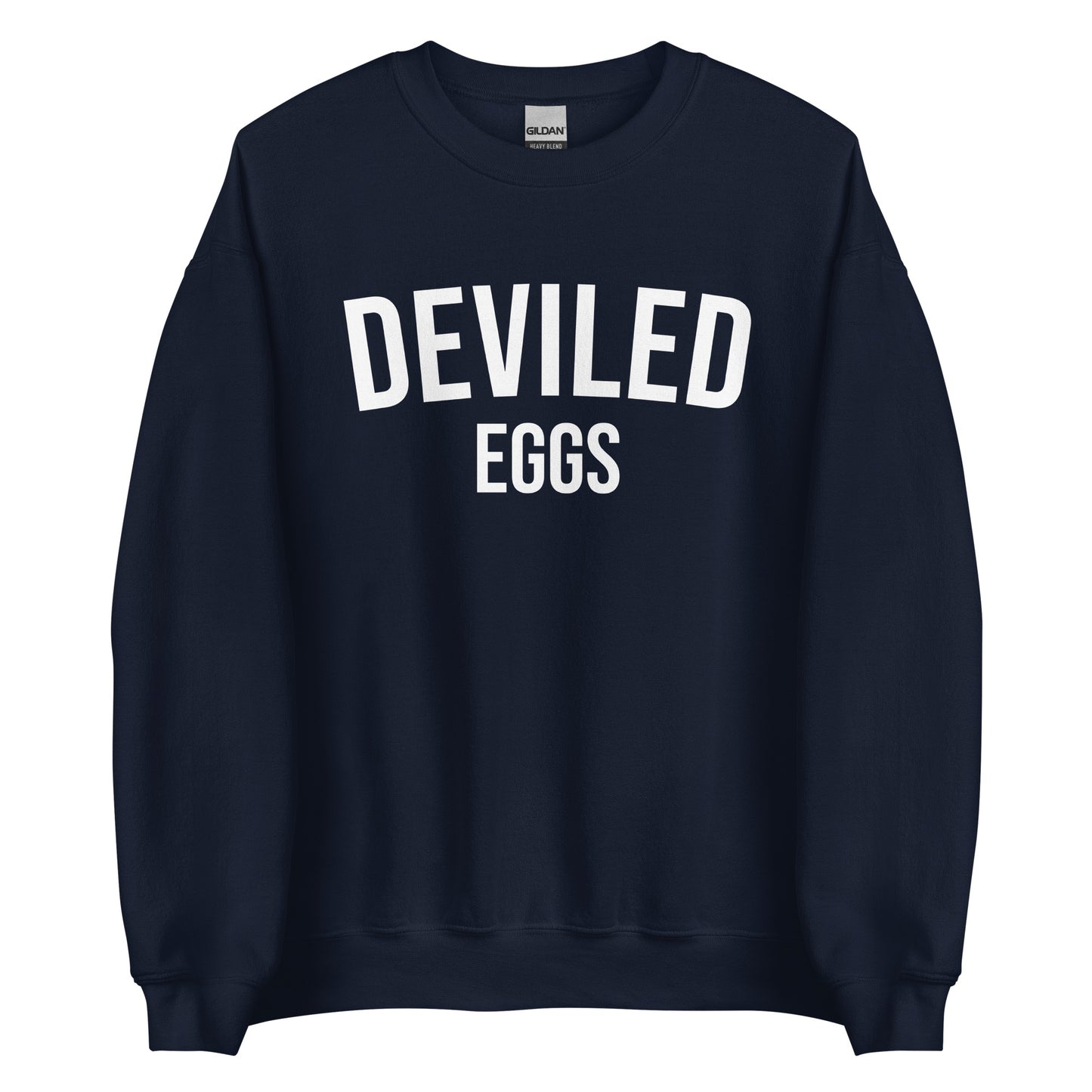 Navy Deviled Eggs Sweatshirt from Nina's Funky Shop by ninanush - Do you love deviled eggs? Looking for a funny gift for a friend? Our Deviled Eggs Crewneck Sweatshirt is just what you need. It's a unisex weird foodie sweatshirt with "deviled eggs" on the front. A funny foodie sweatshirt for deviled egg lovers. This funny varsity style sweatshirt is designed by Nina.