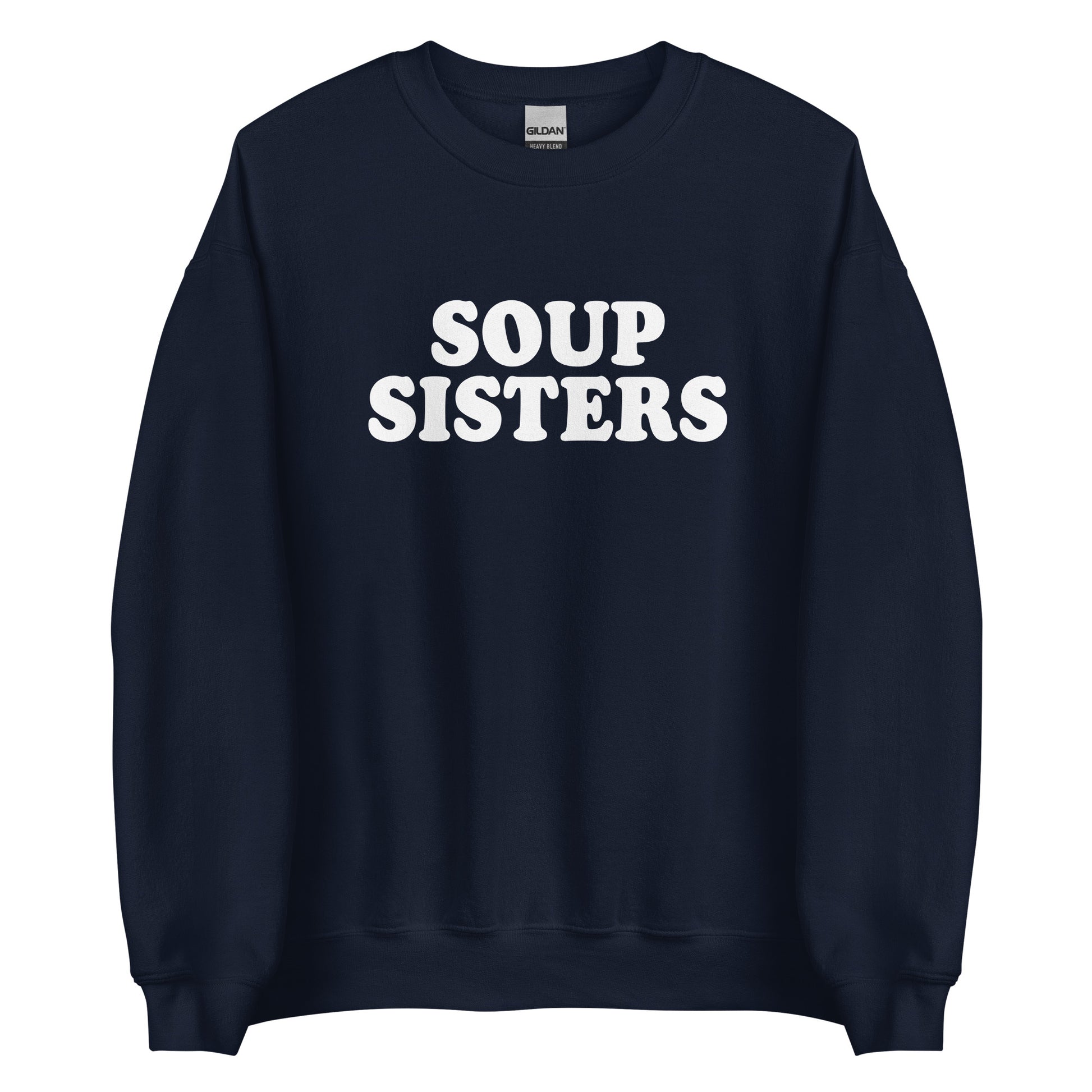 Navy Soup Sisters Sweatshirt from Nina's Funky Shop by ninanush - Do you love soup? Looking for a funny gift for your sister? Our Soup Sisters Crewneck Sweatshirt is just what you need. It's a unisex funny sisters sweatshirt with "soup sisters" on the front. A funny foodie sweatshirt for soup enthusiasts and foodie gift for sisters. This varsity style sweatshirt is designed by Nina, just for you.