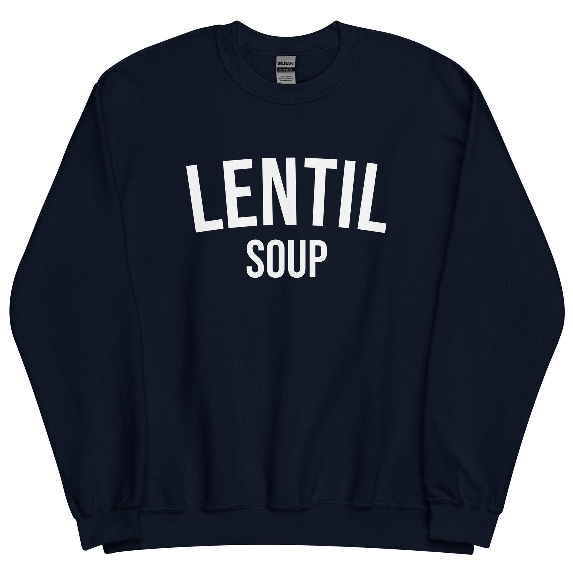 Navy Lentil Soup Sweatshirt from Nina's Funky Shop by ninanush - Do you love lentil soup? Looking for a funny gift? Our Lentil Soup Crewneck Sweatshirt is just what you need. It's a unisex soup lover sweatshirt with "lentil soup" on the front. A funny foodie sweatshirt for soup enthusiasts and a quirky sweatshirt foodies of all kinds. This varsity style sweatshirt is designed by Nina and made just for you.