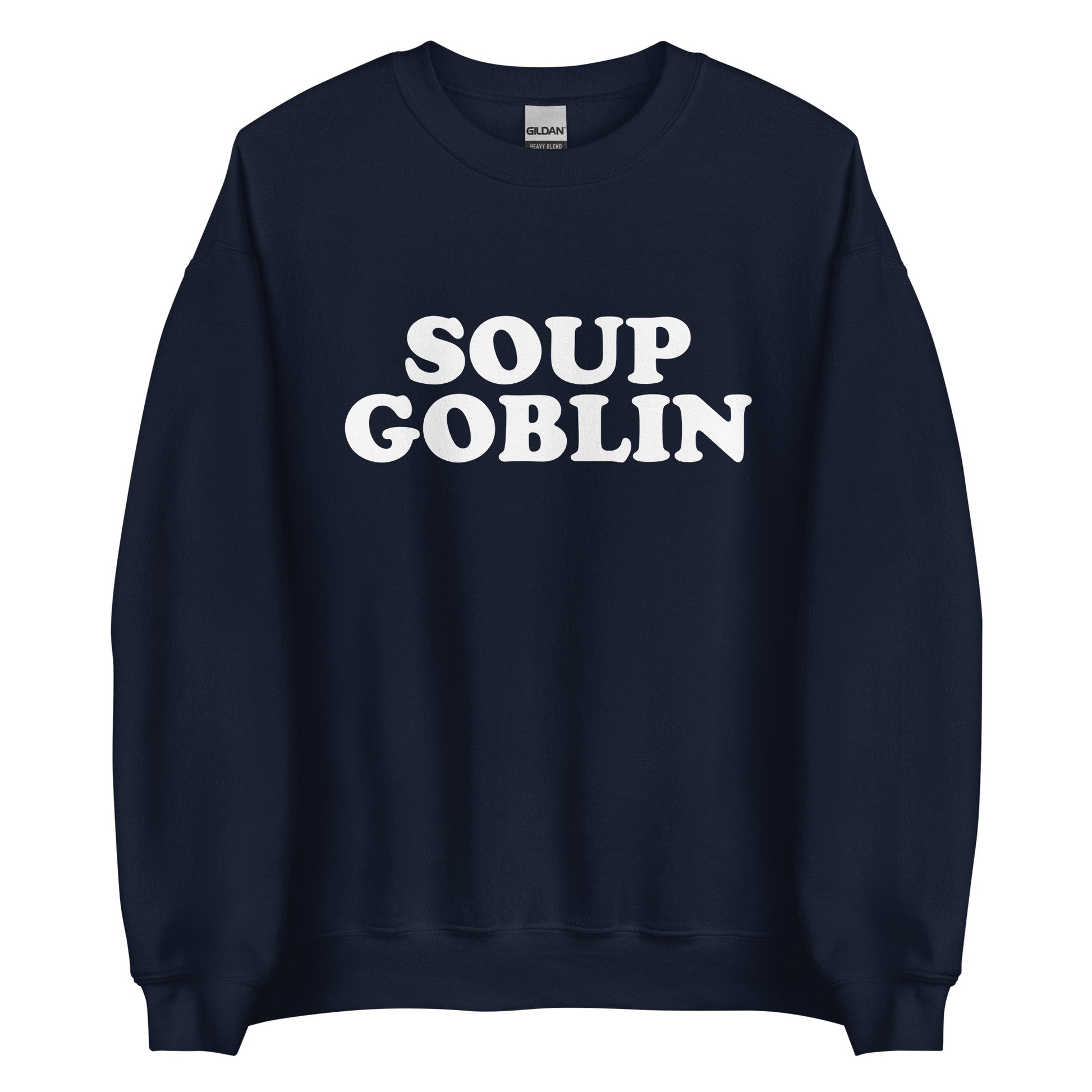 Navy Soup Goblin Sweatshirt from Nina's Funky Shop by ninanush - Are you a soup goblin? Looking for a funny foodie gift? Our Soup Goblin Crewneck Sweatshirt is soft, comfortable and just what you need. It's a unisex soup sweatshirt with "soup goblin", expertly printed on the front. A funny foodie sweatshirt for soup enthusiasts and a quirky sweatshirt for everyday streetwear.