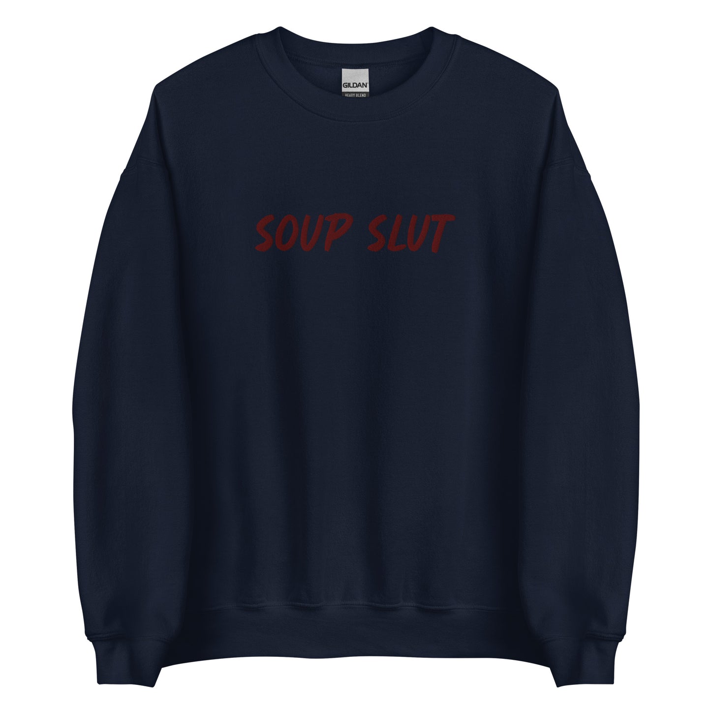 Navy Embroidered Soup Slut Sweatshirt from Nina's Funky Shop by ninanush - Do you love soup? Looking for a funny gift? Our Soup Slut Embroidered Crewneck Sweatshirt is just what you need. It's a unisex soup sweatshirt with "soup slut" on the front. A funny foodie sweatshirt for cozy nights in or stand out streetwear for soup enthusiasts. This embroidered soup sweatshirt is made just for you.