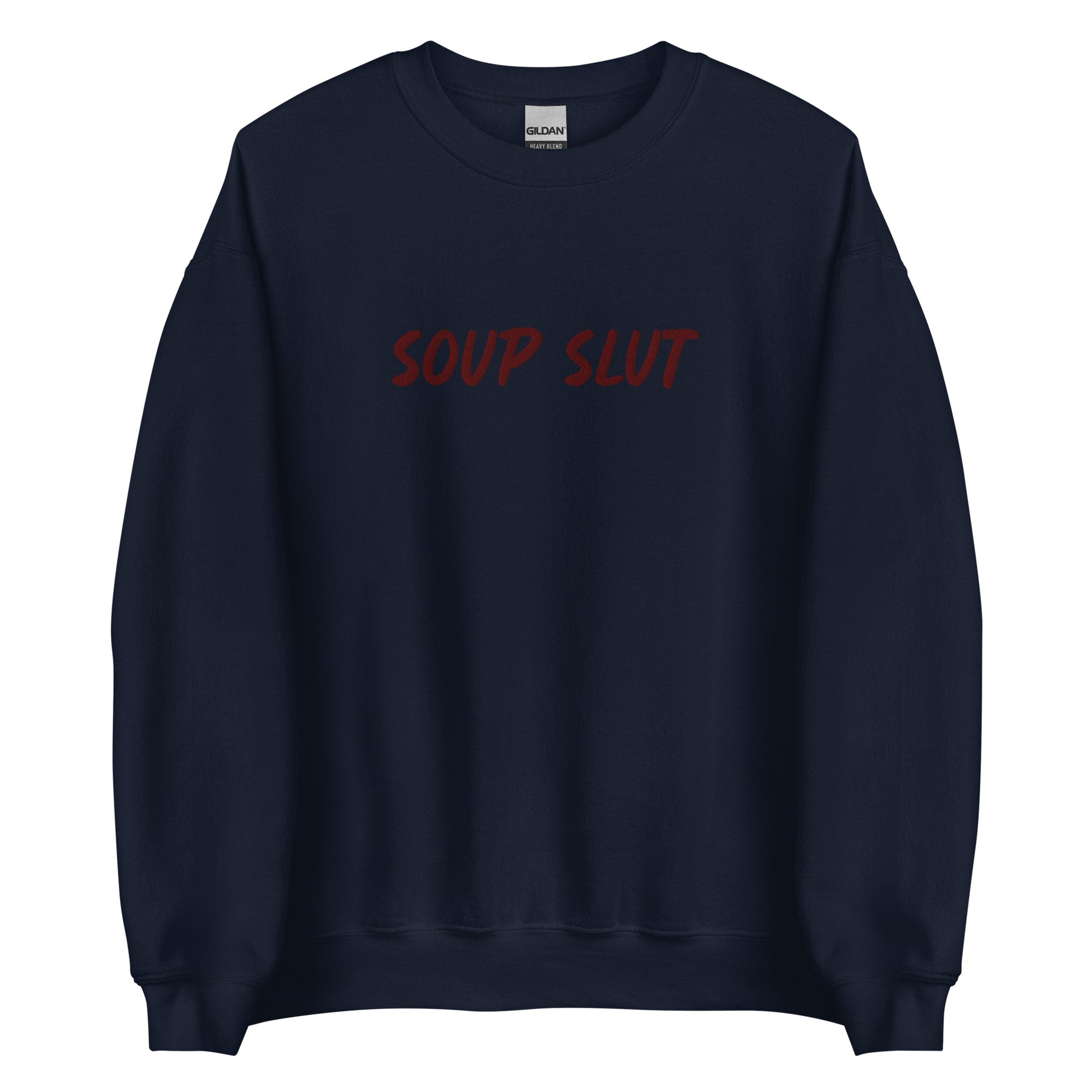 Navy Embroidered Soup Slut Sweatshirt from Nina's Funky Shop by ninanush - Do you love soup? Looking for a funny gift? Our Soup Slut Embroidered Crewneck Sweatshirt is just what you need. It's a unisex soup sweatshirt with "soup slut" on the front. A funny foodie sweatshirt for cozy nights in or stand out streetwear for soup enthusiasts. This embroidered soup sweatshirt is made just for you.