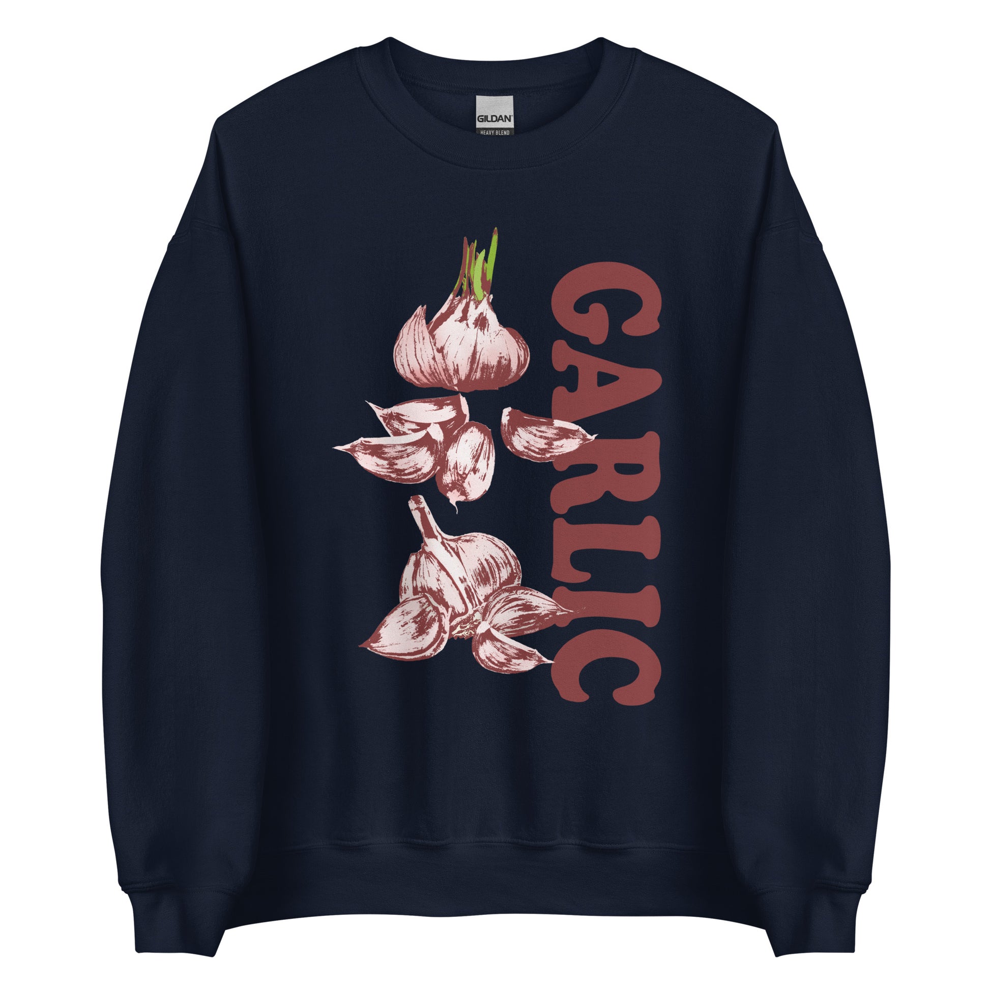 Navy Garlic Sweatshirt from Nina's Funky Shop by ninanush - Love garlic? Looking for a funky gift for garlic lovers? Our Garlic Crewneck Sweatshirt is soft, comfortable and just what you need. It's a unisex sweatshirt with a unique, hand drawn garlic design expertly printed on the front. A funny foodie sweatshirt for cozy nights in or stand out streetwear for garlic enthusiasts.