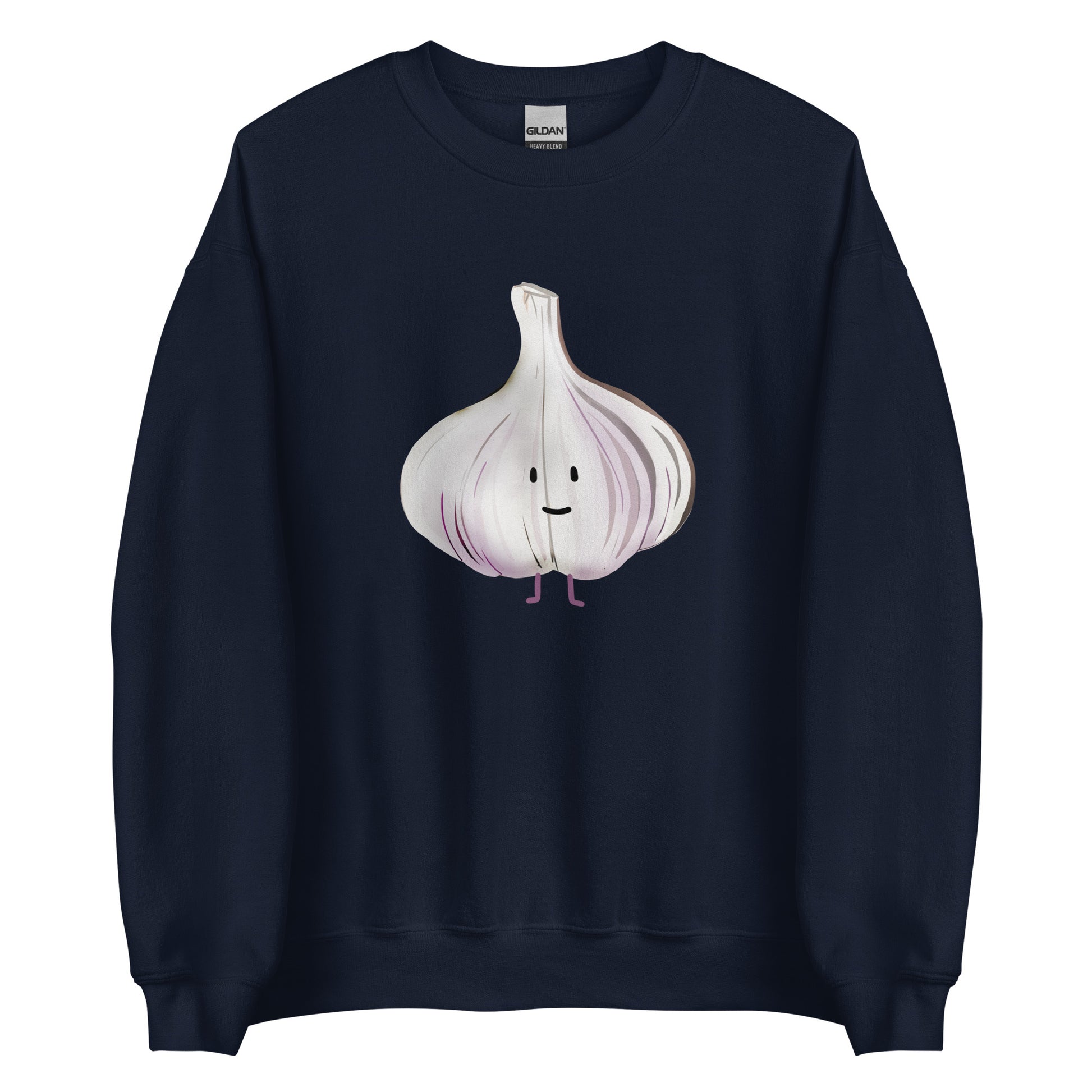 Navy Garlic Sweatshirt from Nina's Funky Shop by ninanush - Love garlic? Looking for a funky gift for a garlic lover? Our Cute Garlic Crewneck Sweatshirt is soft, comfortable and just what you need. It's a unisex sweatshirt with a unique, hand drawn garlic design, expertly printed on the front. Perfect for cozy nights in or stand out streetwear for garlic enthusiasts.