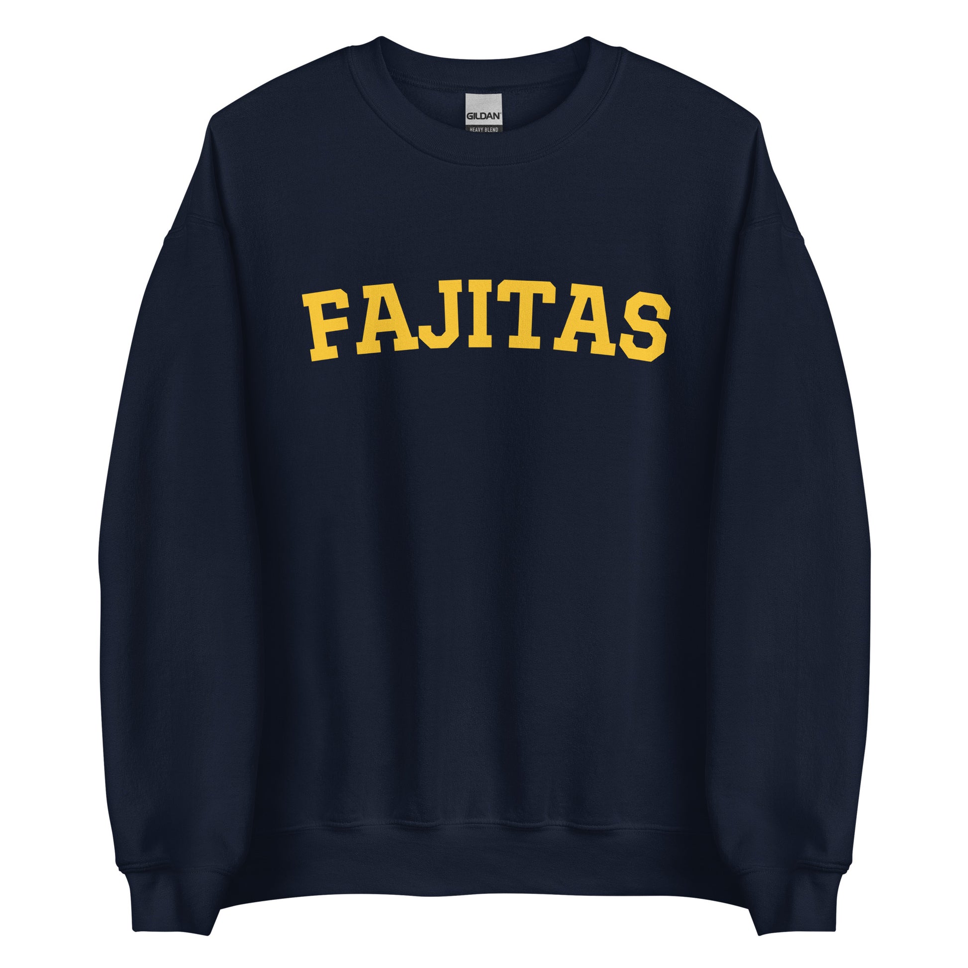 Navy Fajitas Sweatshirt from Nina's Funky Shop - Love fajitas? Looking for a funny gift? Our Fajitas Crewneck Sweatshirt is soft, comfortable and just what you need for an effortless everyday look. It's a unisex sweatshirt that comes in a variety of colors with "fajitas", expertly printed on the front. The perfect cozy and funny fajita academy sweatshirt for foodies.