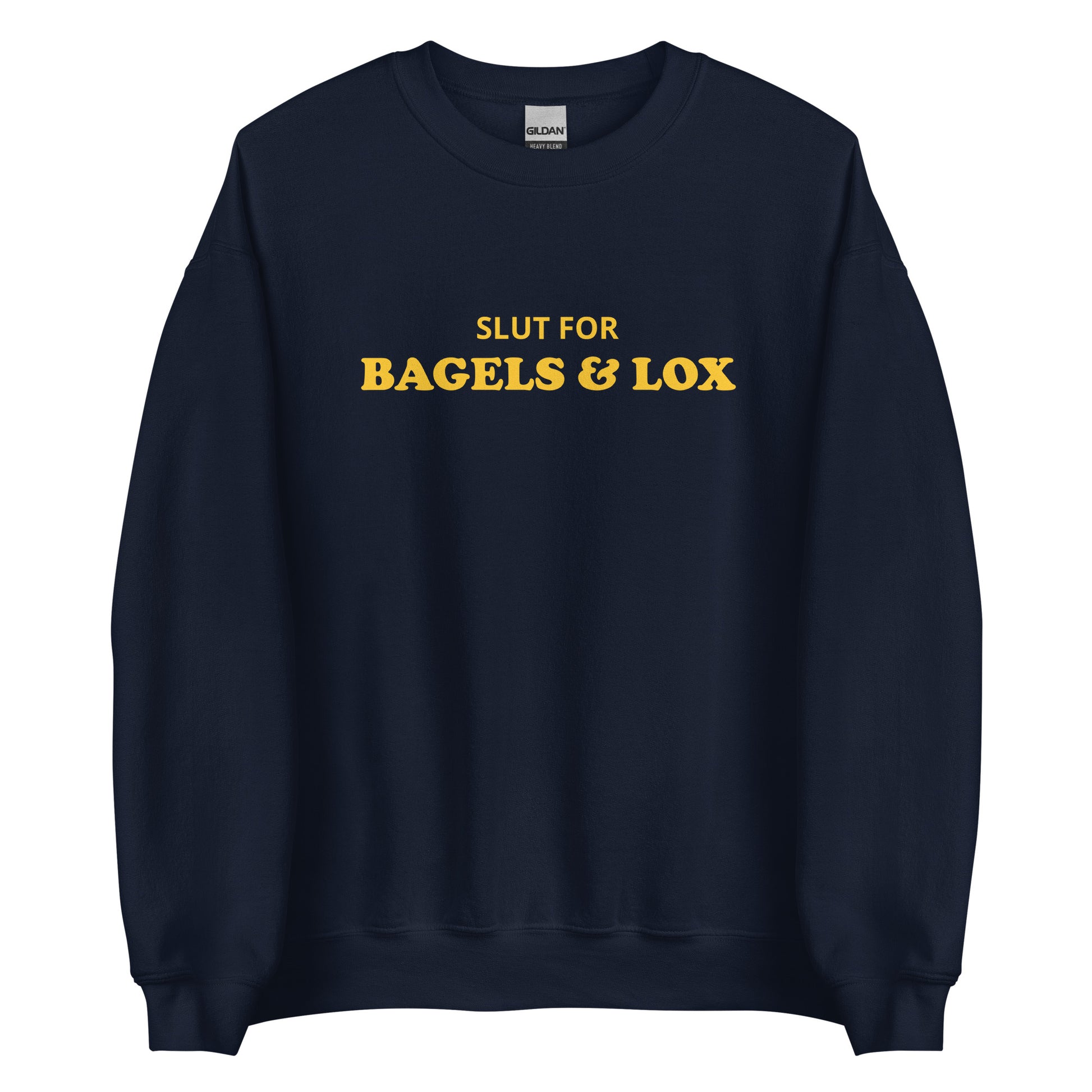 Navy Bagels and Lox Sweatshirt from Nina's Funky Shop - Love bagels and lox? Looking for a funny gift for a bagel lover? Our Slut For Bagels & Lox Crewneck Sweatshirt is soft, comfortable and just what you need. It's a unisex sweatshirt that comes in a variety of colors with "Slut For Bagels & Lox", expertly printed on the front. The perfect funny bagel sweatshirt for everyday foodies.