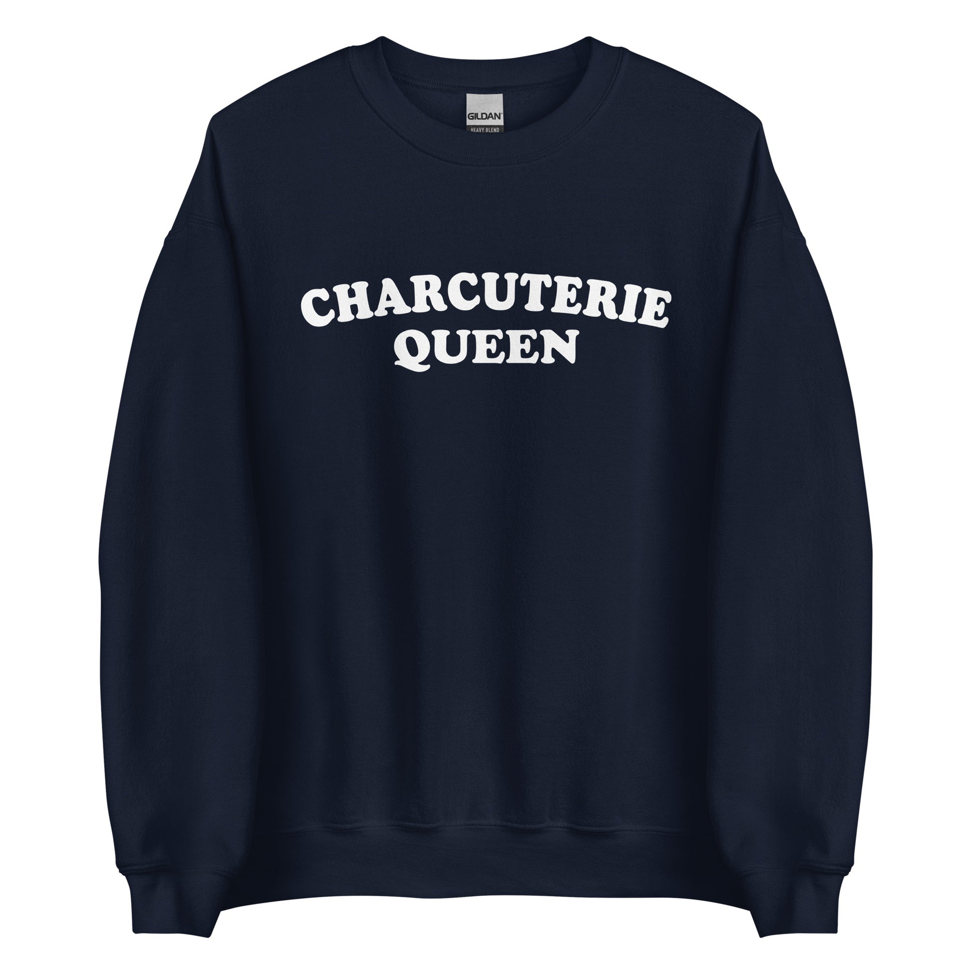 Navy Charcuterie Queen Crewneck Sweatshirt from Nina's Funky Shop - Love charcuterie? Looking for a funny gift for a charcuterie enthusiast? Our Charcuterie Queen Crewneck Sweatshirt is just what you need. It's a unisex sweatshirt that comes in a variety of colors with "Charcuterie Queen", expertly printed on the front. The perfect funny college style sweatshirt for charcuterie lovers.