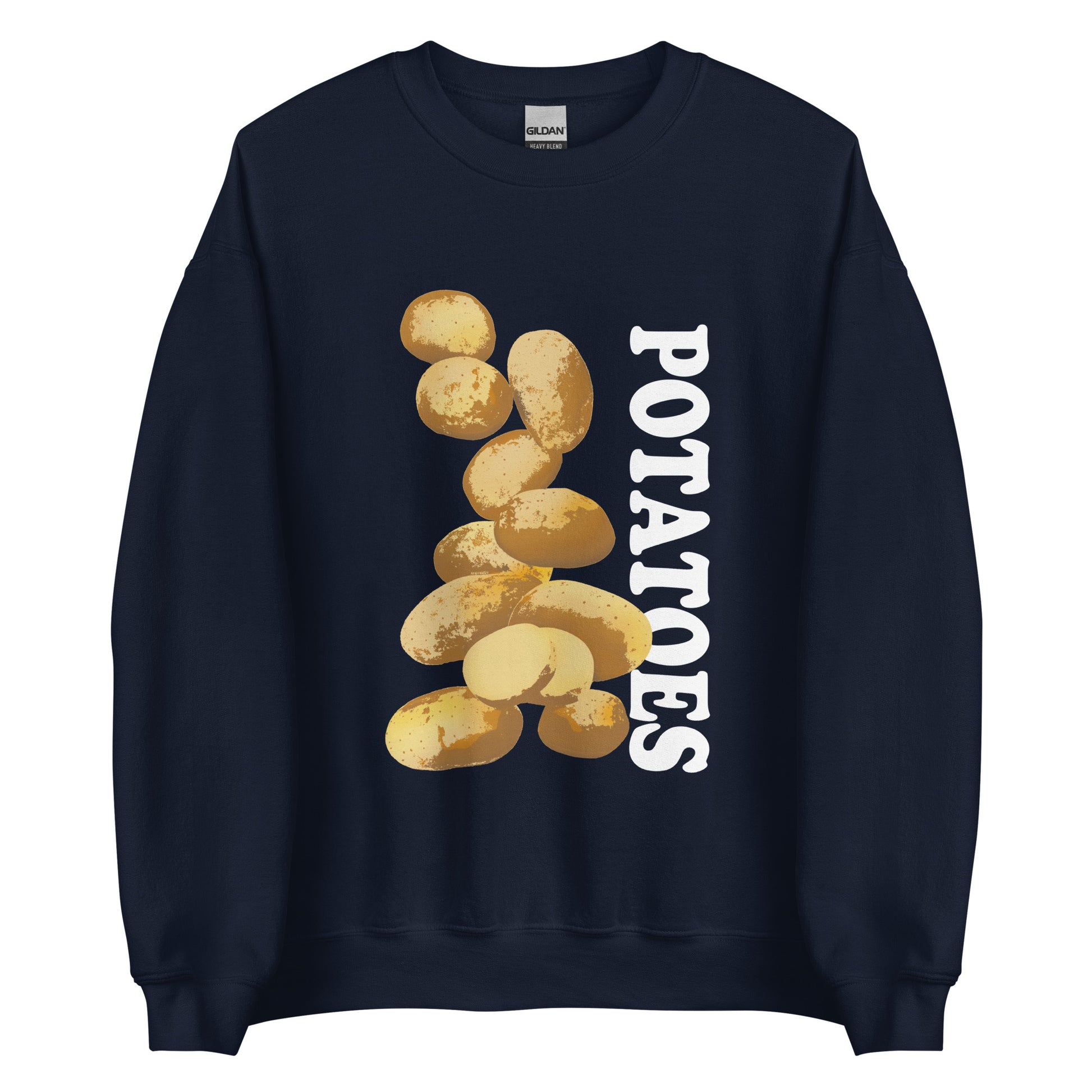 Navy  sweatshirt with potatoes design - Love Potatoes? Looking for a unique gift for a fellow potato enthusiast? This unisex sweatshirt is warm, super soft and cozy, and made just for you. It comes in a variety of colors with a hand drawn potatoes design by Nina, expertly printed on the front.