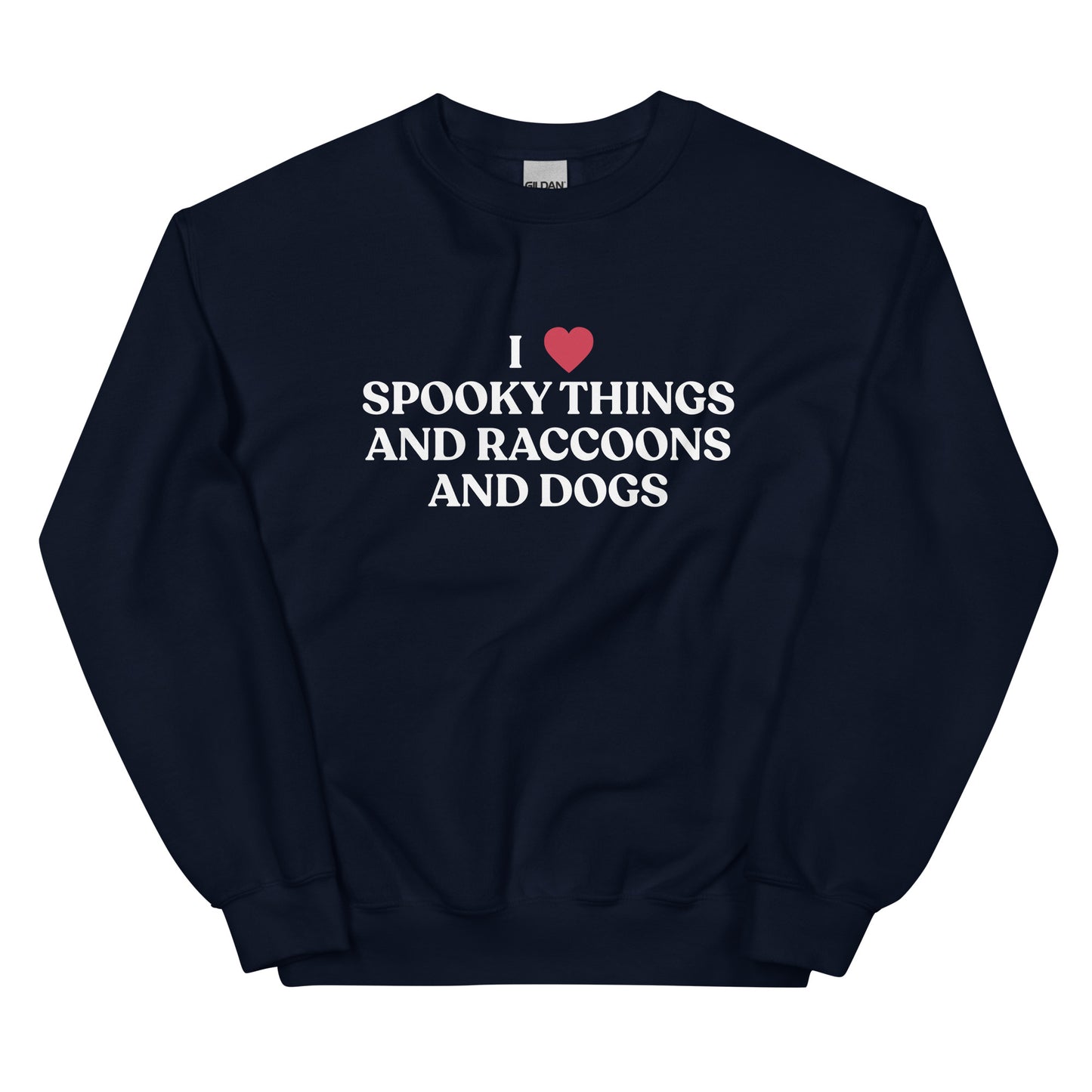 Navy Halloween Sweatshirt - Our I Heart Spooky Things Raccoons and Dogs Sweatshirt is super soft and cozy. It comes in a variety of colors with a funny spooky season saying, expertly printed on the front. Make a statement in this funny Halloween crewneck sweatshirt.