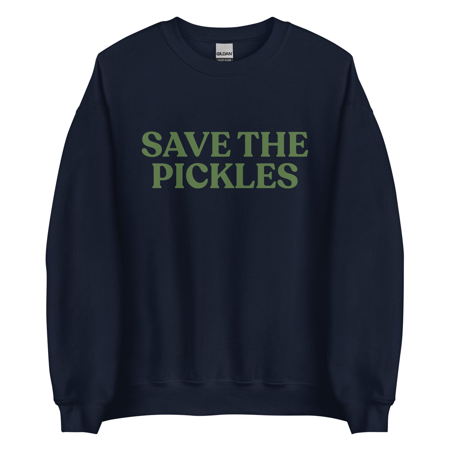 Navy Save The Pickles Sweatshirt - Love pickles? Looking for a gift for a pickle lover? Our Save The Pickles Crewneck Sweatshirt might be just what you need! It's a soft and cozy sweatshirt with a pickle design, made just for you.