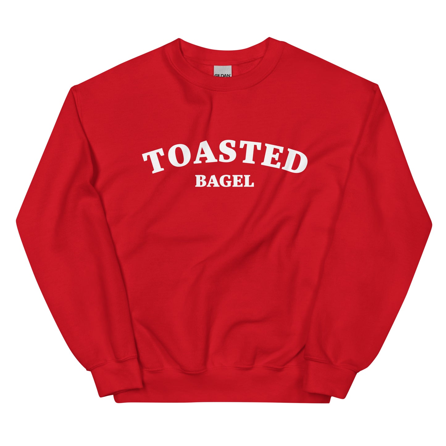 Red sweatshirt for bagel lover and gift for foodie - A colorful toasted bagel sweatshirt for bagel lovers. It's soft, comfortable, designed for bagel aficionados and made just for you. Eat your favorite bagel in this funny food sweatshirt. This quirky design is eye-catching and sure to turn heads. It's the perfect funny sweatshirt for bagel enthusiasts and foodies of all kinds.  