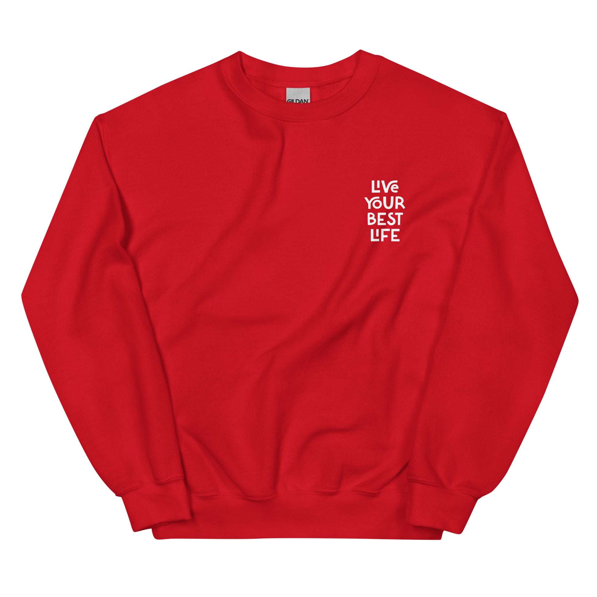 Red live your best life sweatshirt from Nina's Funky Shop by ninanush - Hectic ✨ Live your best life in this unique and happy sweatshirt with a meaningful quote expertly printed on the front. It's a unisex, classic crew neck sweatshirt that spreads positivity in a variety of colors. Perfect for cozy nights or stand out streetwear, this sweatshirt is designed by Nina and made just for you.