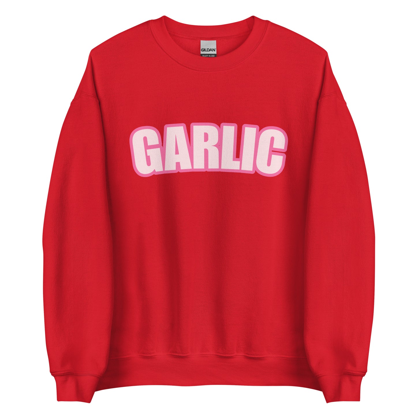 Red Garlic Sweatshirt from Nina's Funky Shop by ninanush - Our Pink Garlic Sweatshirt is a perfect funny foodie sweatshirt for garlic lovers. It's a unisex, crew neck sweatshirt with the word "Garlic", expertly printed on the front. Perfect for cozy nights in or stand out streetwear for foodies, this garlic enthusiast sweatshirt is designed by Nina and made just for you.