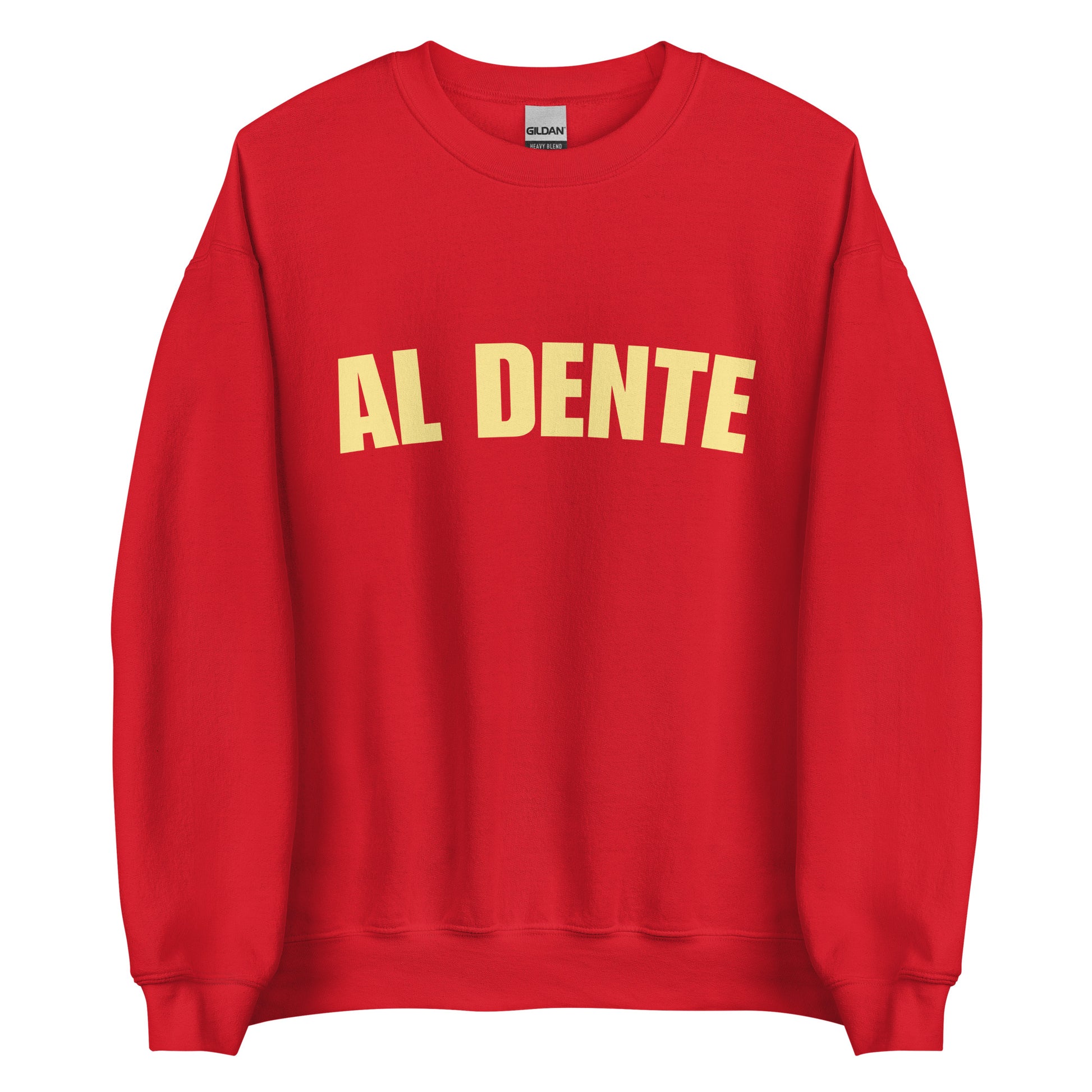 Red Al Dente Sweatshirt from Nina's Funky Shop by ninanush - Our Al Dente Sweatshirt is soft, comfortable and a funny Italian cooking sweatshirt for foodies. It's a unisex, crew neck sweatshirt that comes in a variety of colors with the "Al Dente", expertly printed on the front. Perfect for cozy nights in or stand out streetwear for foodies. An Al Dente sweatshirt, made just for you.