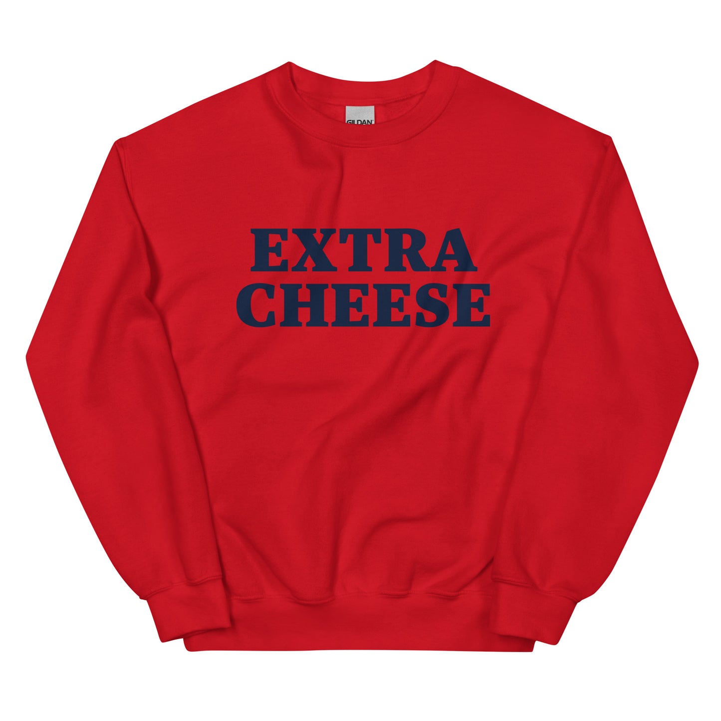 Red Extra Cheese Sweatshirt from Nina's Funky Shop by ninanush - Love cheese? Want more? Make your priorities known in this Extra Cheese Sweatshirt. It's a funny foodie sweatshirt for cheese lovers. This unisex, crew neck sweatshirt comes in a variety of colors with "cheese", on the front. This college-style cheese enthusiast sweatshirt is designed by Nina and made just for you.