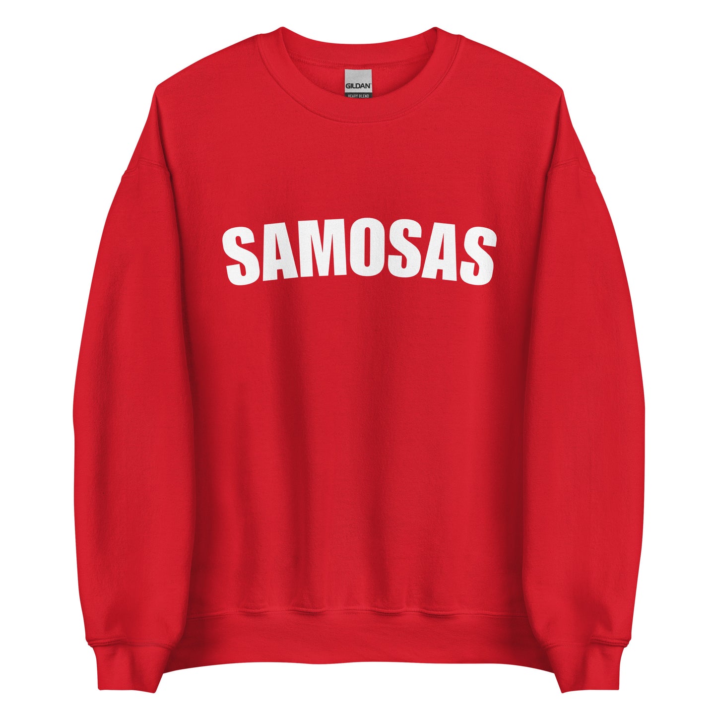 Red Samosa Sweatshirt from Nina's Funky Shop by ninanush - Love samosas? Looking for a fun foodie gift? Our Samosa Sweatshirt is just what you need. Perfect for Indian cuisine lovers and foodies of all kinds, this sweatshirt has "Samosa", expertly printed on the front. A crewneck college-style foodie sweatshirt for Indian food enthusiasts and samosa lovers like you.