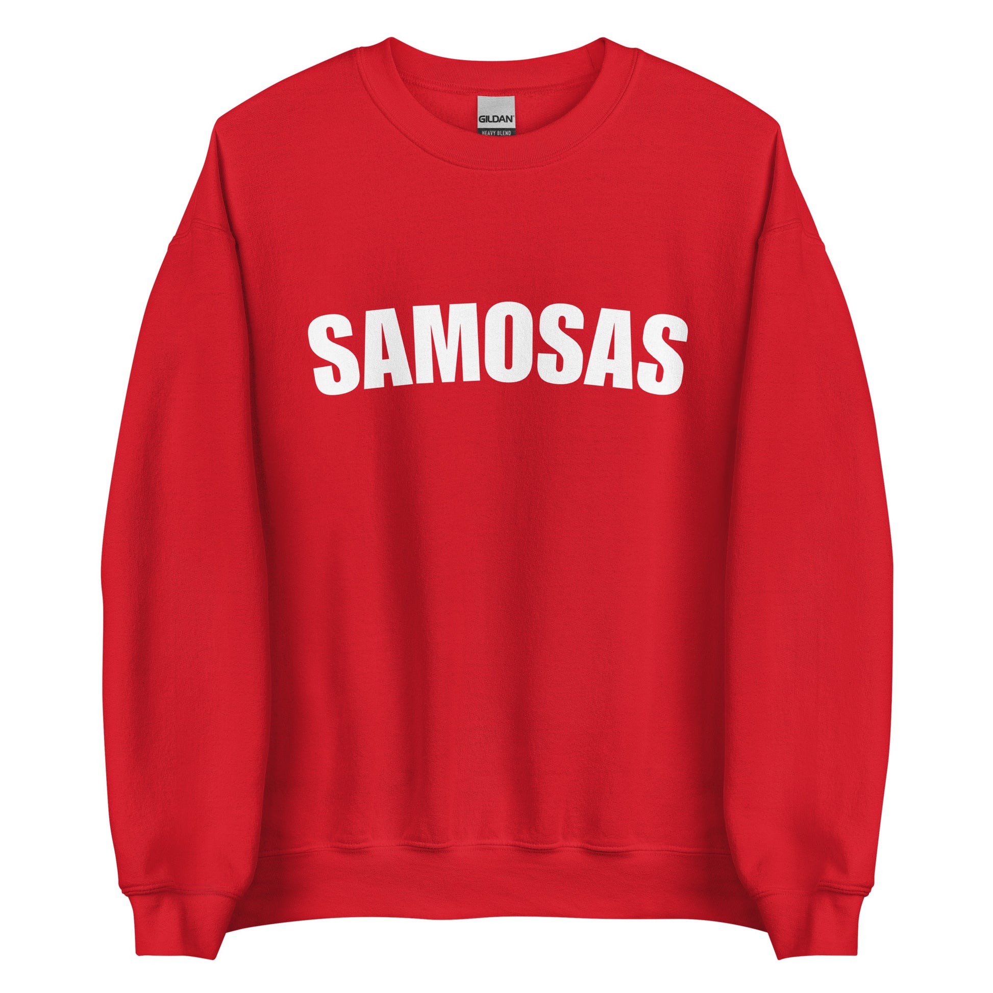 Red Samosa Sweatshirt from Nina's Funky Shop by ninanush - Love samosas? Looking for a fun foodie gift? Our Samosa Sweatshirt is just what you need. Perfect for Indian cuisine lovers and foodies of all kinds, this sweatshirt has "Samosa", expertly printed on the front. A crewneck college-style foodie sweatshirt for Indian food enthusiasts and samosa lovers like you.