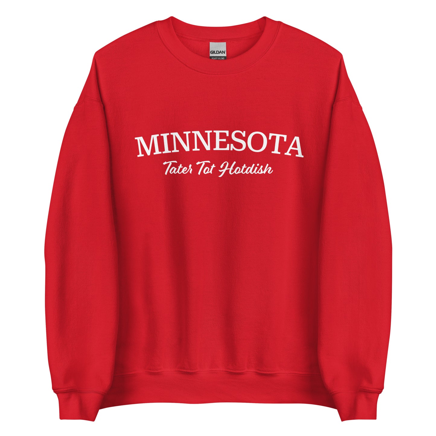 Red funny Minnesota state food sweatshirt from Nina's Funky Shop by ninanush - Love Tater Tot Hotdish? Looking for a funny Minnesota gift? Introducing our Minnesota Tater Tot Hotdish Sweatshirt! It's a Midwestern foodie sweatshirt with "Minnesota" and the unofficial MN state food "Tater Tot Hotdish" on the front. Perfect for cozy nights in or a statement sweatshirt for tater tot hotdish lovers.