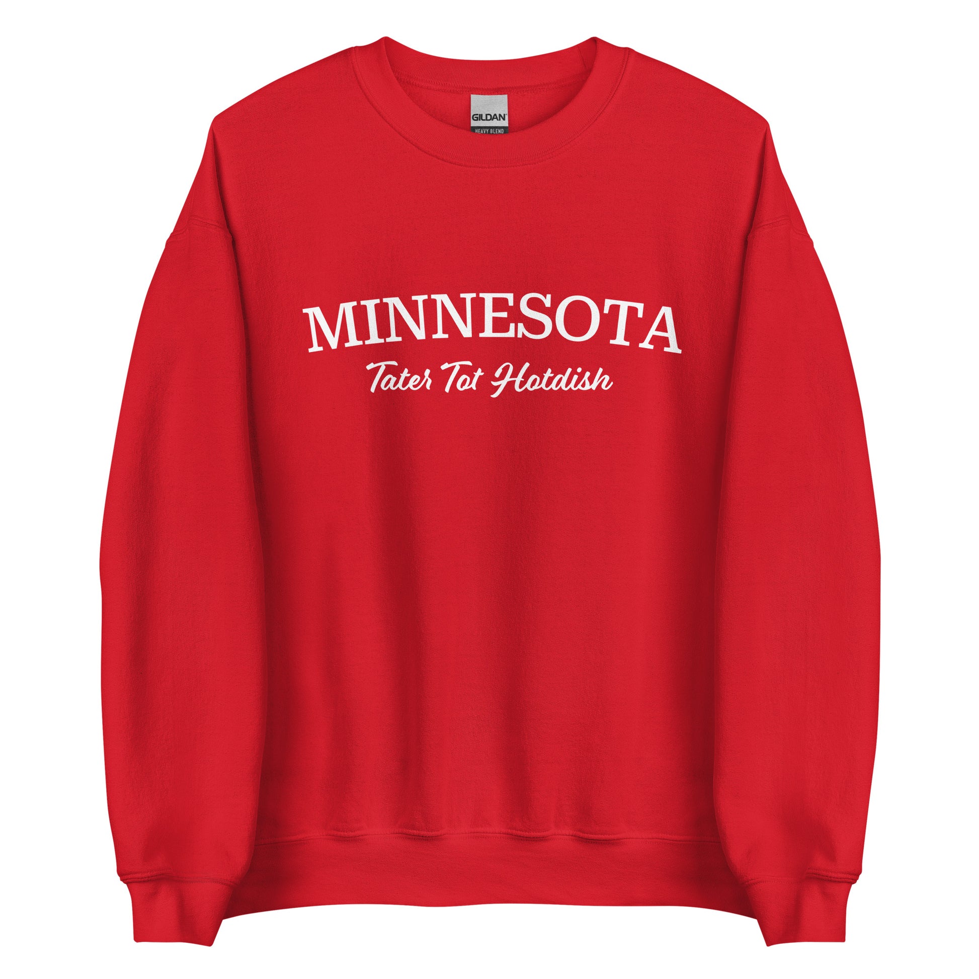 Red funny Minnesota state food sweatshirt from Nina's Funky Shop by ninanush - Love Tater Tot Hotdish? Looking for a funny Minnesota gift? Introducing our Minnesota Tater Tot Hotdish Sweatshirt! It's a Midwestern foodie sweatshirt with "Minnesota" and the unofficial MN state food "Tater Tot Hotdish" on the front. Perfect for cozy nights in or a statement sweatshirt for tater tot hotdish lovers.