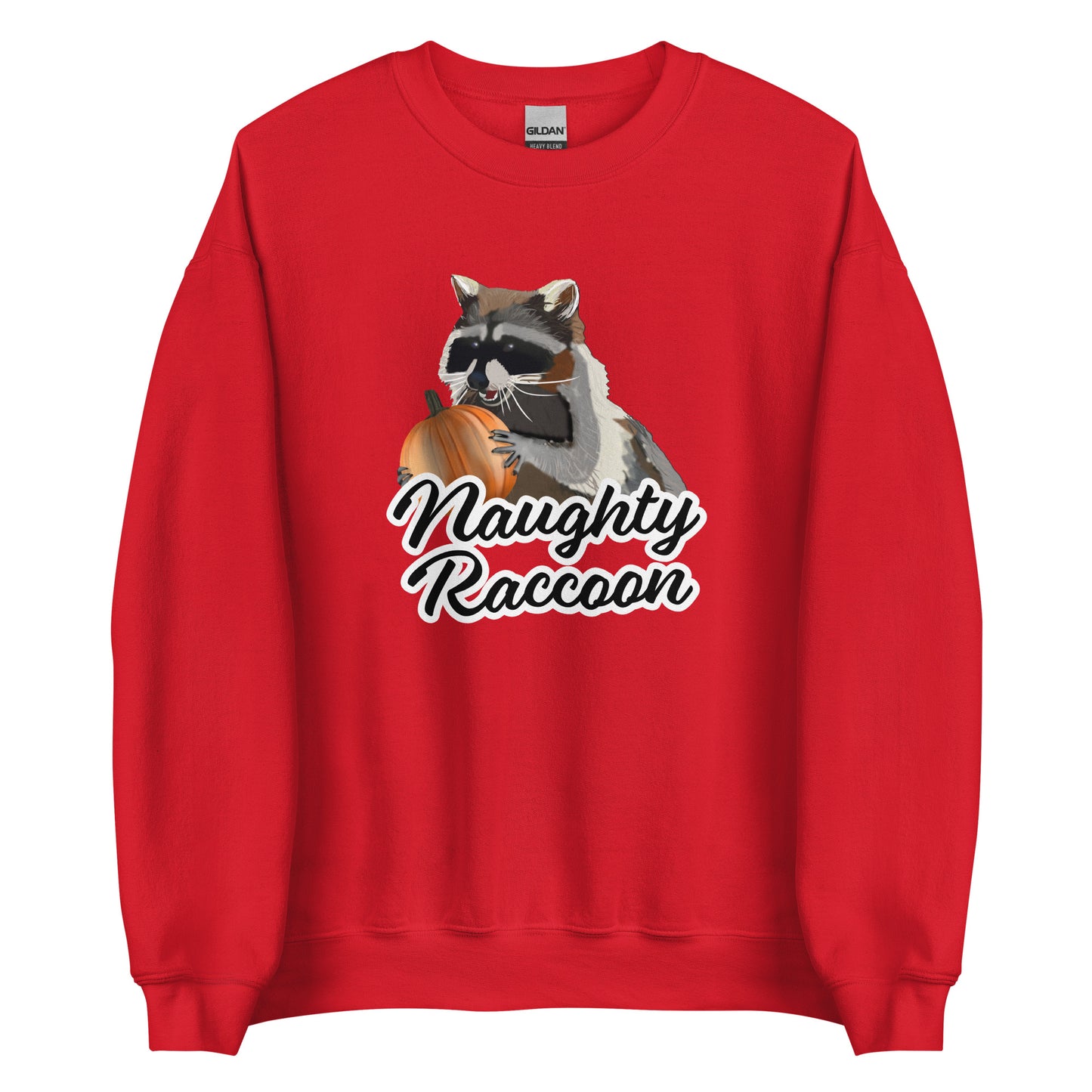 Red Naughty Raccoon Pumpkin Sweatshirt from Nina's Funky Shop by ninanush - Love raccoons? Looking for a fun raccoon lover gift? Our Naughty Raccoon Sweatshirt is soft, comfortable and just what you need. It's a unisex, crew neck sweatshirt with a raccoon holding a pumpkin and "Naughty Raccoon", expertly printed on the front. Stand out this spooky season in our funny Raccoon Sweatshirts.