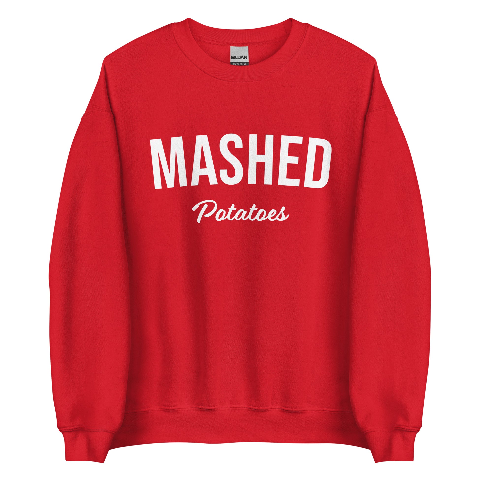 Red Mashed Potatoes Sweatshirt from Nina's Funky Shop by ninanush - Do you love mashed potatoes? Looking for a fun potato lover gift? Our Mashed Potatoes Sweatshirt is just what you need. It's a unisex, varsity crew neck sweatshirt that comes in a variety of colors with "Mashed Potatoes" on the front. This mashed potato enthusiast sweatshirt is perfect funky streetwear for foodies.