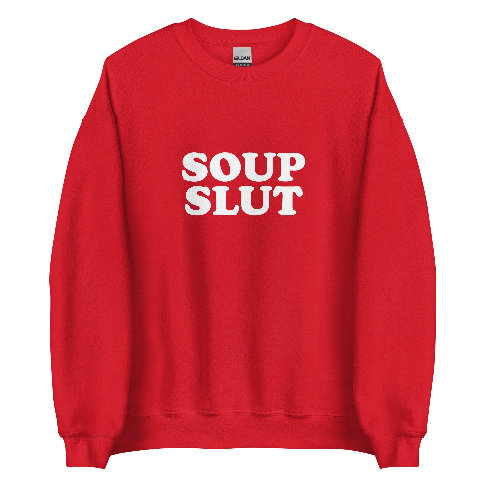 Red  soup slut sweatshirt from Nina's Funky Shop by ninanush - Do you love soup? Looking for a funny gift for a friend? Our Soup Slut Sweatshirt is soft, comfortable and just what you need. It's a unisex foodie sweatshirt that comes in a variety of colors with "soup slut", expertly printed on the front. A perfect funny foodie sweatshirt for cozy nights in or stand out soup lover streetwear.