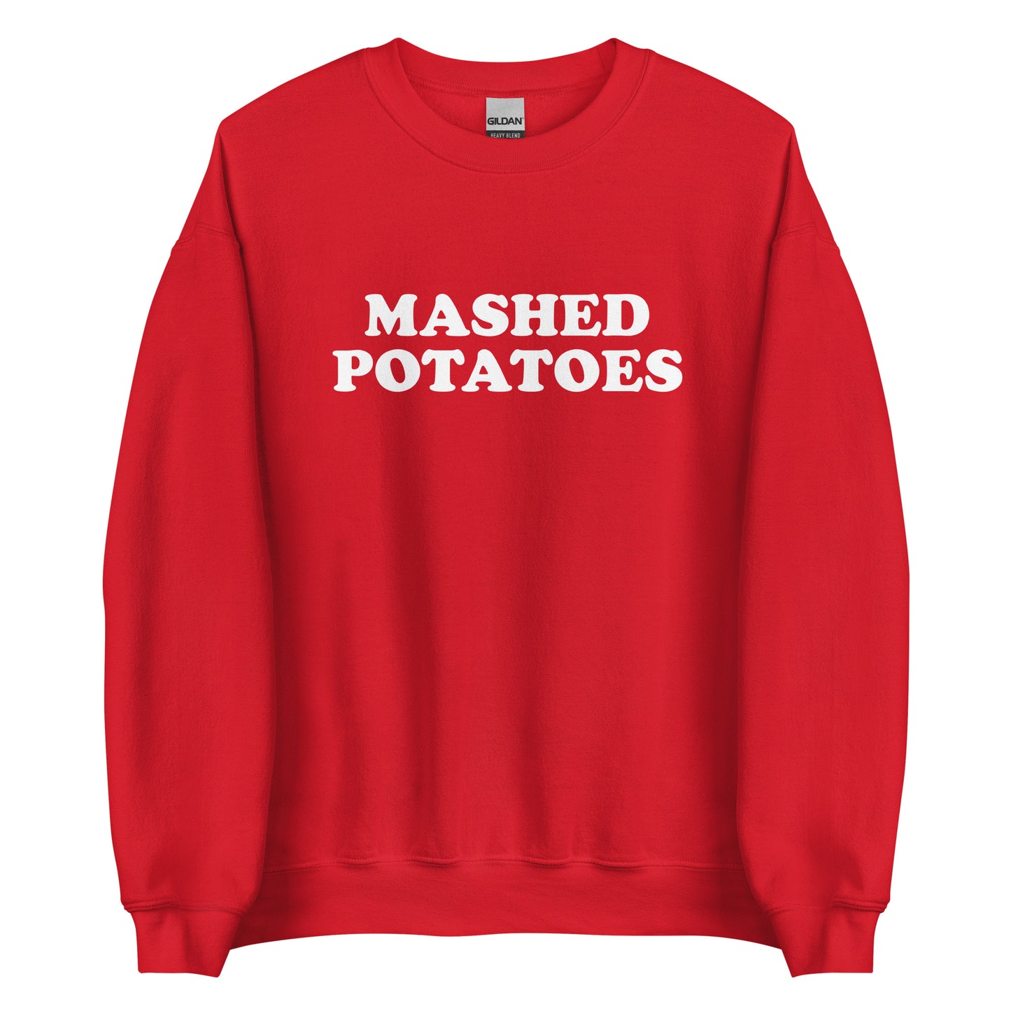 Red Mashed Potatoes Sweatshirt from Nina's Funky Shop by ninanush - Do you love mashed potatoes? Looking for a funny gift? Our Mashed Potatoes Crew Neck Sweatshirt is soft, comfortable and just what you need. It's a unisex foodie sweatshirt that comes in a variety of colors with "Mashed Potatoes", expertly printed on the front. A perfect funny foodie sweatshirt for cozy nights in or stand out potato lover streetwear, this mashed potato enthusiast sweatshirt is bold and made just for you.