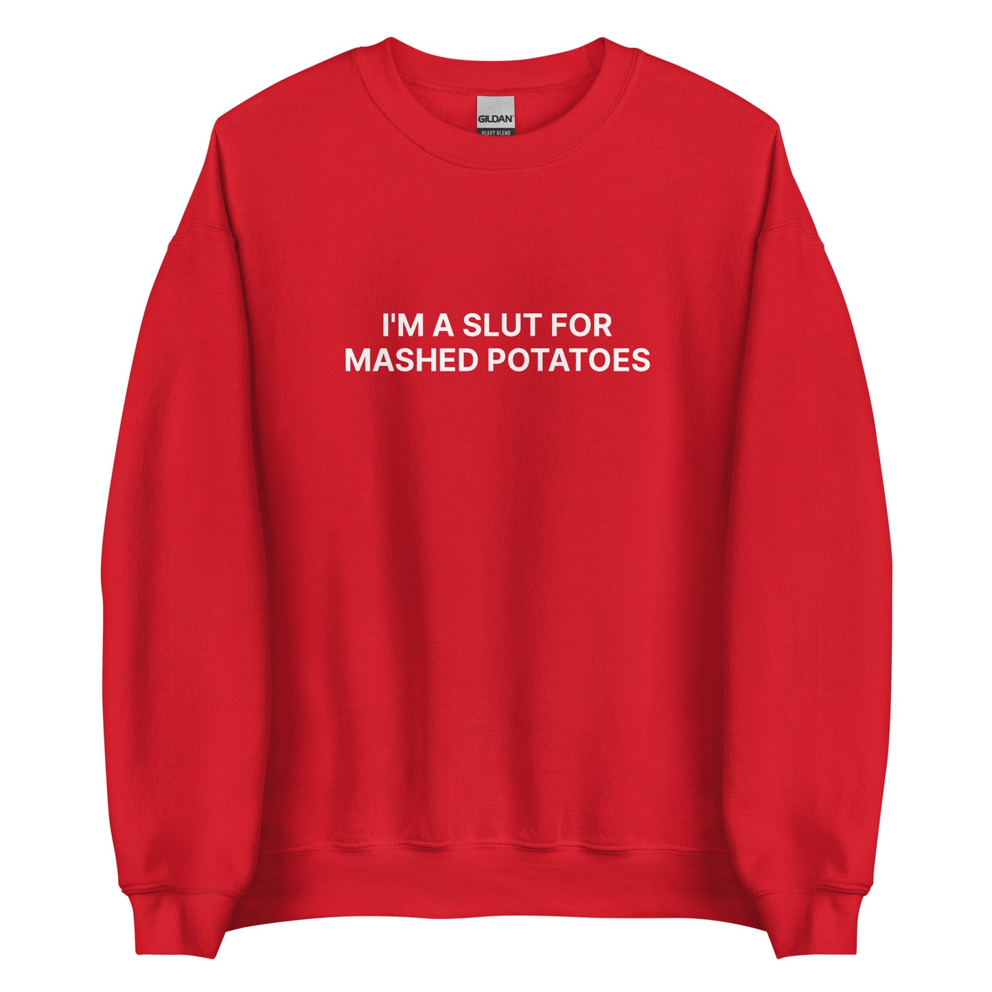 Red I'm A Slut For Mashed Potatoes Sweatshirt from Nina's Funky Shop by ninanush - Do you love mashed potatoes? Looking for a funny foodie gift? Our Mashed Potato Slut Sweatshirt is just what you need. It's a unisex potato lover sweatshirt that comes in a variety of colors with "I'm a slut for mashed potatoes" on the front. This mashed potato enthusiast sweatshirt is designed by Nina and made just for you.