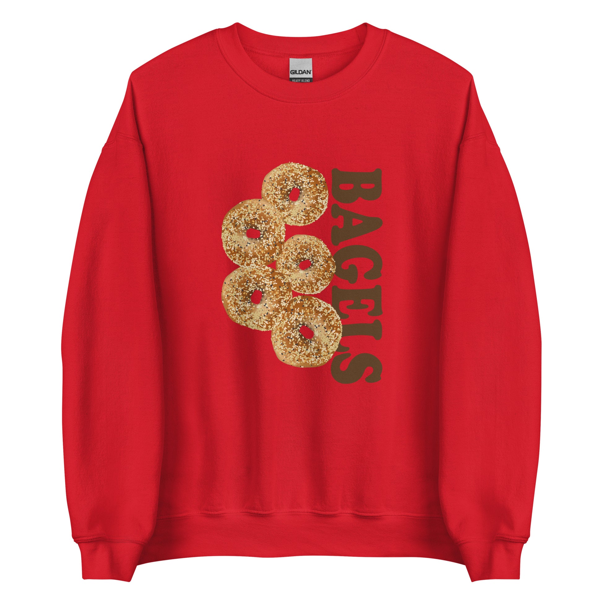 Red Everything Bagels Sweatshirt from Nina's Funky Shop by ninanush - Do you love bagels? Looking for a funny gift? Our Bagels Crew Neck Sweatshirt is soft, comfortable and just what you need. It's a unisex foodie sweatshirt that comes in a variety of colors with everything bagels, expertly printed on the front. A funny foodie sweatshirt for cozy nights in or statement bagel lover streetwear.