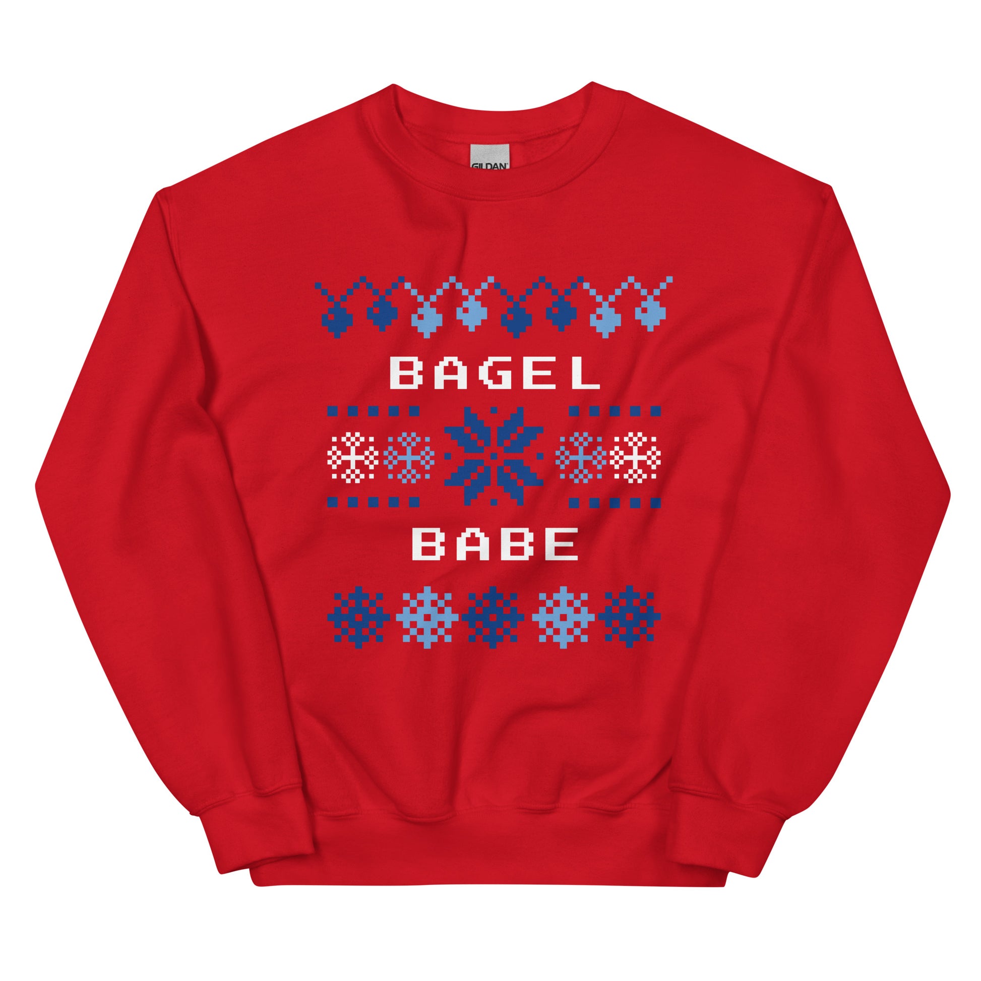 Red Bagel Babe Holiday Sweatshirt from Nina's Funky Shop by ninanush - Do you love bagels? Looking for a funny gift? Our Bagel Babe Crew Neck Sweatshirt is soft, comfortable and just what you need. It's a unisex bagel lover sweatshirt with a blue and white holiday design, expertly printed on the front. A funny foodie sweatshirt for cozy nights in or a stand out holiday party sweatshirt.