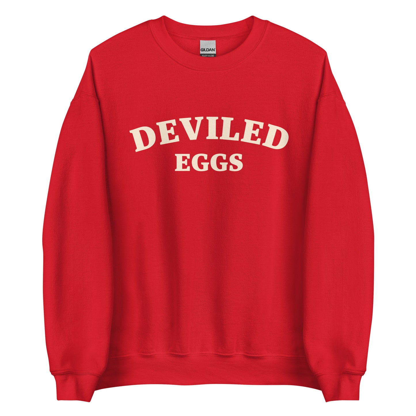 Red Deviled Eggs Sweatshirt from Nina's Funky Shop by ninanush - Love Deviled eggs? Looking for a funny foodie gift? A funny college style deviled egg sweatshirt for foodies and beyond. It's a soft and comfortable crew neck sweatshirt with a unique and funny food design. A perfect sweatshirt for deviled egg lovers and quirky gift for foodies. Eat deviled eggs and make a statement. It's funny, weird and sure to turn heads.