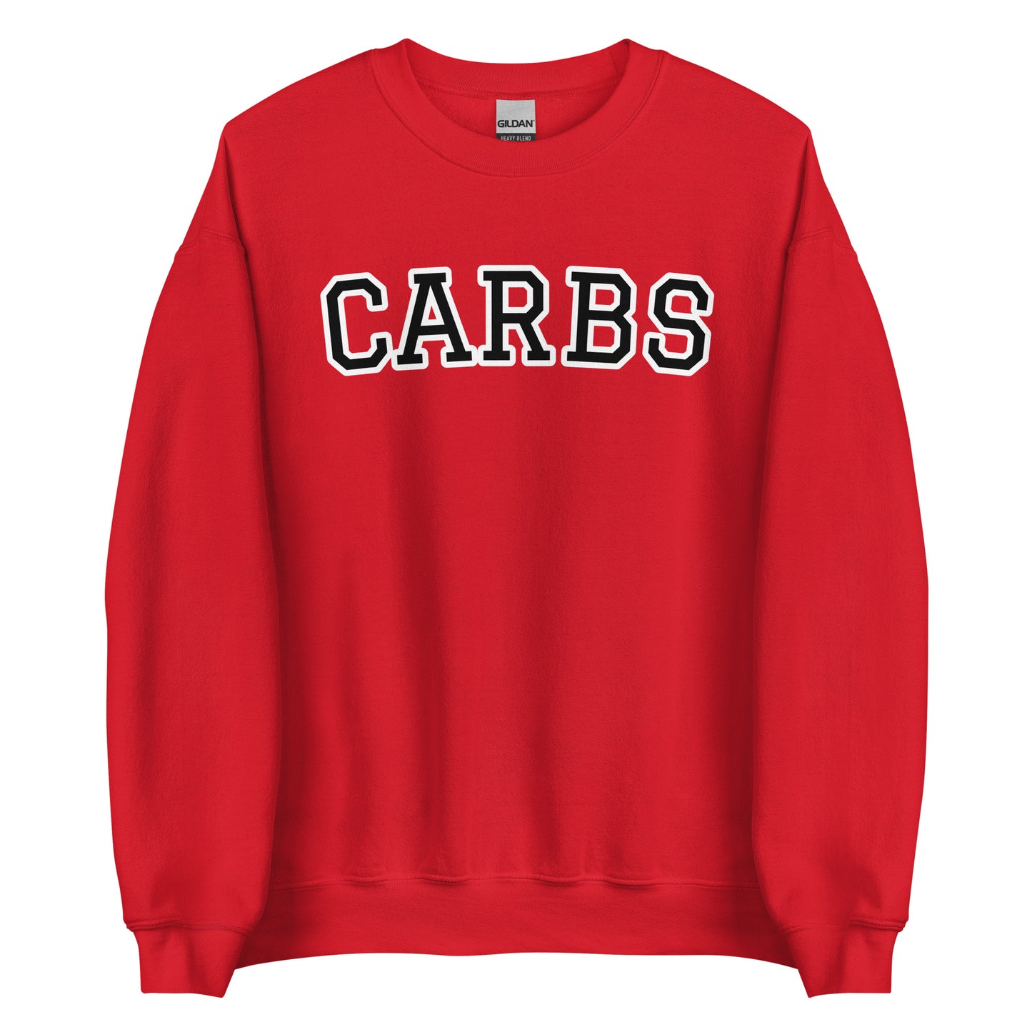 Red Carb Sweatshirt from Nina's Funky Shop by ninanush - Do you love carbs? Looking for a funny foodie gift? Our Carbs Crewneck Sweatshirt is soft, comfortable and just what you need. It's a unisex food lover sweatshirt that comes in a variety of colors with "Carbs", expertly printed on the front in bold letters. A funny foodie sweatshirt or quirky streetwear for carb enthusiasts.