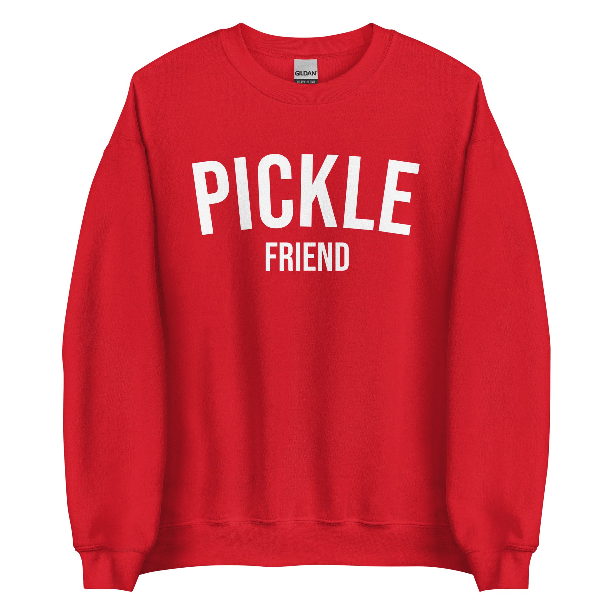 Red Pickle Friend Sweatshirt from Nina's Funky Shop by ninanush - Love pickles? Looking for a funny pickle gift? Our Pickle Friend Crewneck Sweatshirt is just what you need. It's a unisex pickle sweatshirt with "Pickle Friend" on the front. A funny foodie sweatshirt or quirky streetwear for pickle lovers. This varsity style pickle sweatshirt is designed by Nina and made just for you.