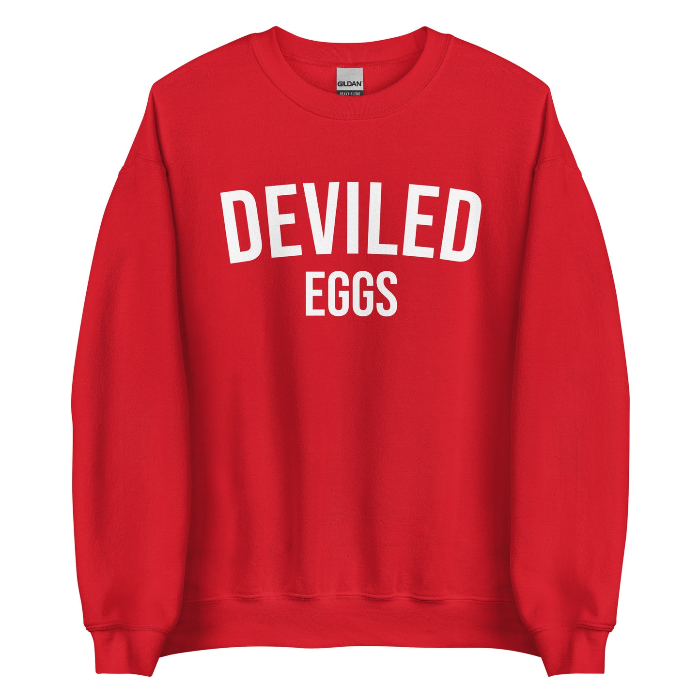 Red Deviled Eggs Sweatshirt from Nina's Funky Shop by ninanush - Do you love deviled eggs? Looking for a funny gift for a friend? Our Deviled Eggs Crewneck Sweatshirt is just what you need. It's a unisex weird foodie sweatshirt with "deviled eggs" on the front. A funny foodie sweatshirt for deviled egg lovers. This funny varsity style sweatshirt is designed by Nina.