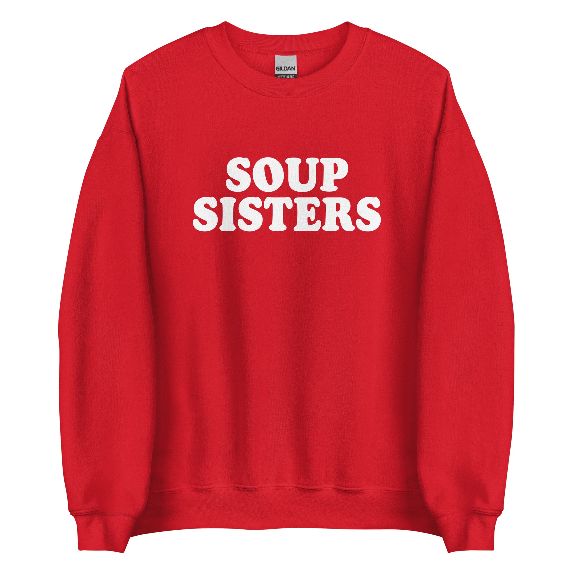 Red Soup Sisters Sweatshirt from Nina's Funky Shop by ninanush - Do you love soup? Looking for a funny gift for your sister? Our Soup Sisters Crewneck Sweatshirt is just what you need. It's a unisex funny sisters sweatshirt with "soup sisters" on the front. A funny foodie sweatshirt for soup enthusiasts and foodie gift for sisters. This varsity style sweatshirt is designed by Nina, just for you.