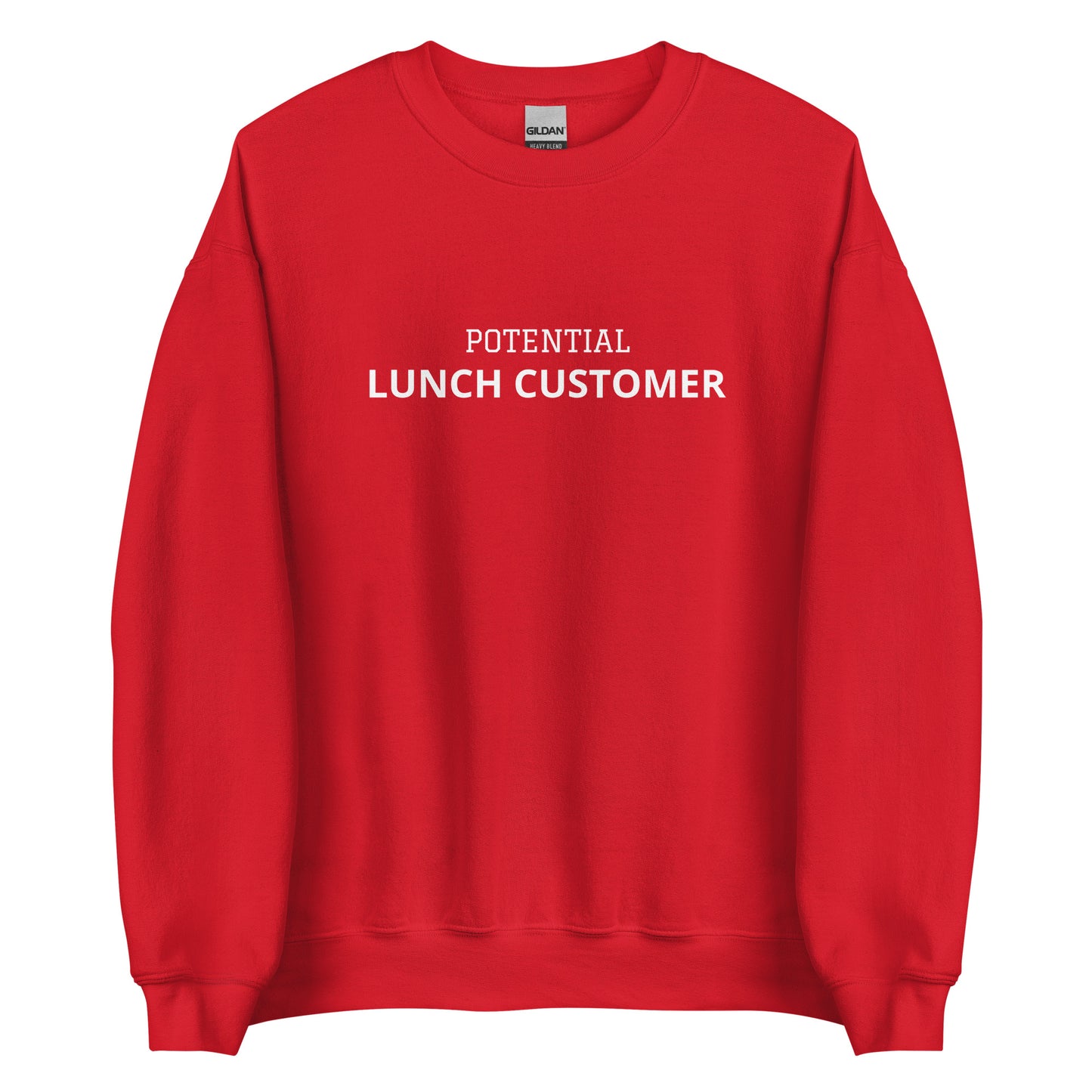 Red Potential Lunch Customer Sweatshirt from Nina's Funky Shop by ninanush - Love lunch? Looking for a funny gift for a friend? Our Potential Lunch Customer Crewneck Sweatshirt is soft, comfortable and just what you need. It's a unisex sweatshirt that comes in a variety of colors with "Potential Lunch Customer", expertly printed on the front. A funny sweatshirt that's unique, designed by Nina and made just for you.