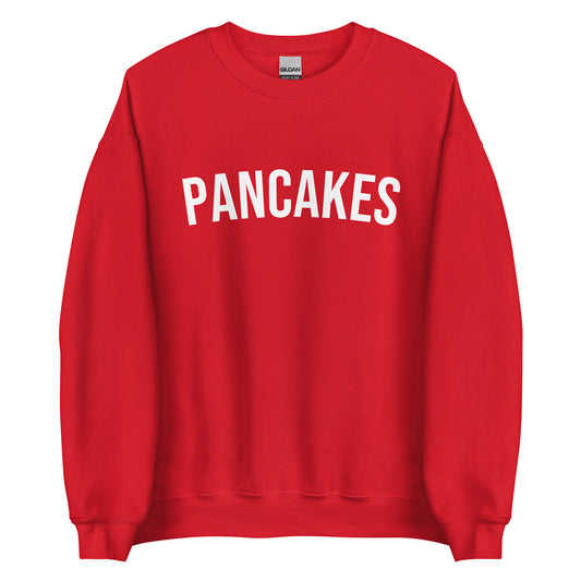 Red Pancakes Sweatshirt from Nina's Funky Shop by ninanush - Do you love pancakes? Looking for a funny gift? Our pancakes Crewneck Sweatshirt is soft, comfortable and just what you need. It's a pancake lover sweatshirt with "pancakes" on the front. A funny foodie sweatshirt for breakfast enthusiasts and foodies. This varsity style sweatshirt is designed by Nina and made just for you.