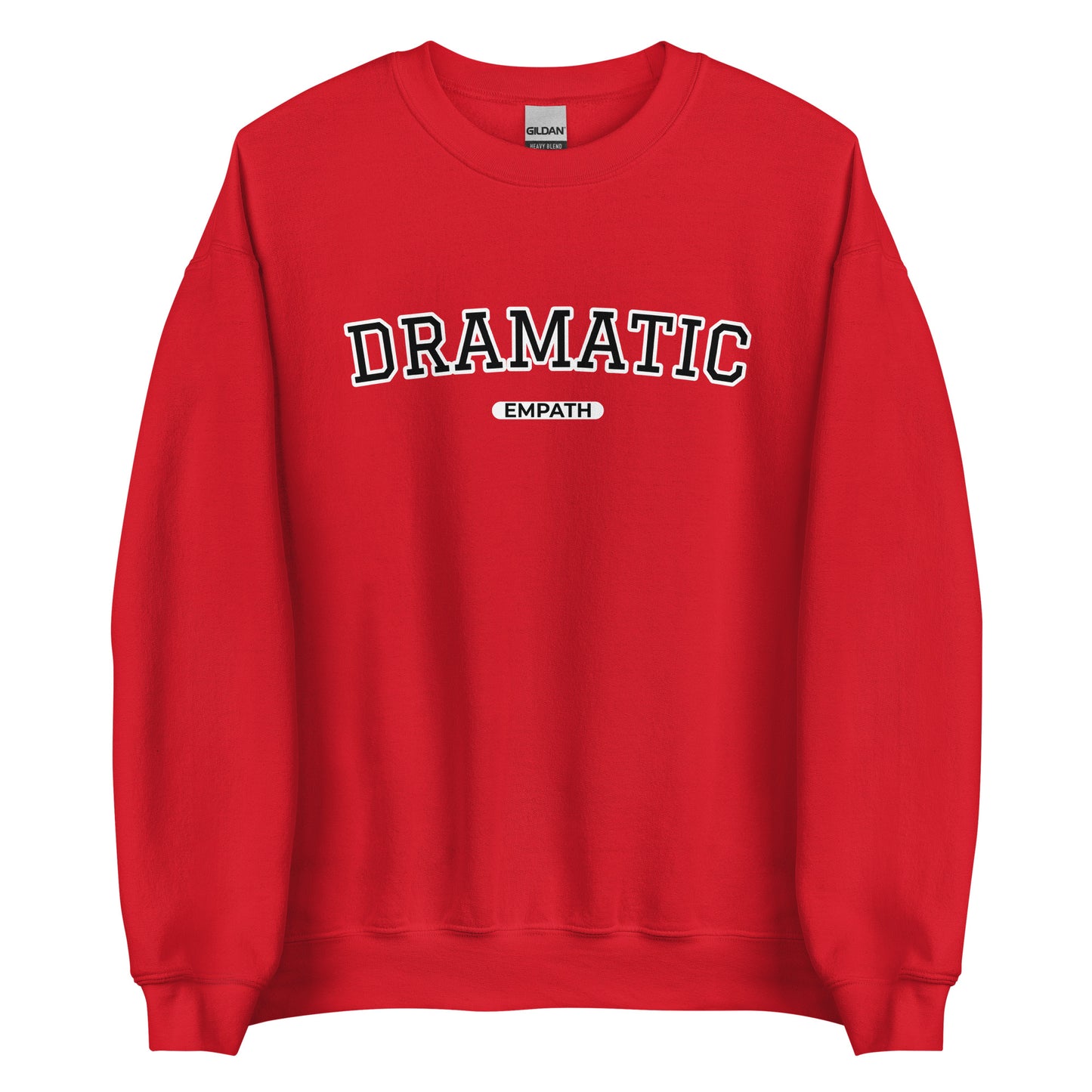 Red Dramatic Empath Sweatshirt from Nina's Funky Shop by ninanush - A little dramatic? Looking for a funny gift for a friend? Our Dramatic Empath Crewneck Sweatshirt is soft, comfortable and just what you need. It's a unisex sweatshirt with "Dramatic Empath", expertly printed on the front. A funny varsity style empath sweatshirt and a quirky sweatshirt for everyday drama queens.