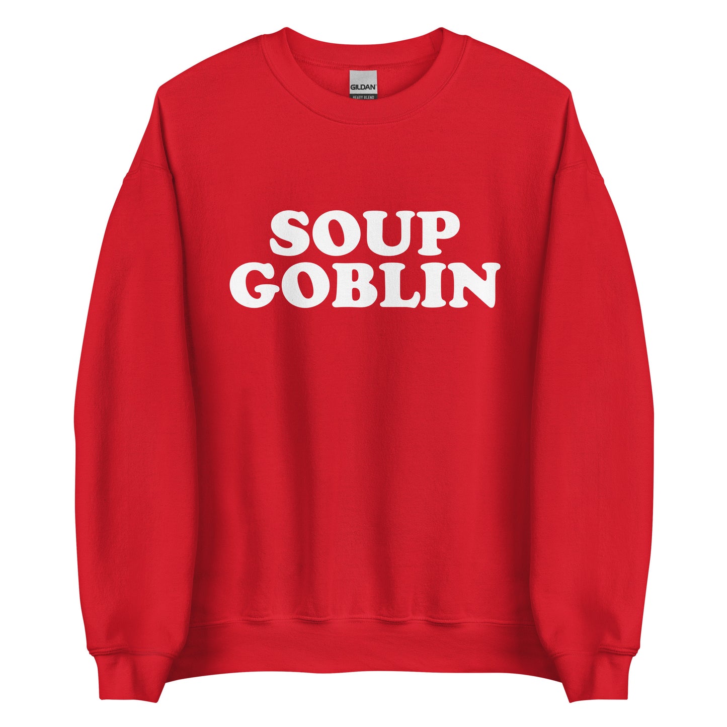 Red Soup Goblin Sweatshirt from Nina's Funky Shop by ninanush - Are you a soup goblin? Looking for a funny foodie gift? Our Soup Goblin Crewneck Sweatshirt is soft, comfortable and just what you need. It's a unisex soup sweatshirt with "soup goblin", expertly printed on the front. A funny foodie sweatshirt for soup enthusiasts and a quirky sweatshirt for everyday streetwear.