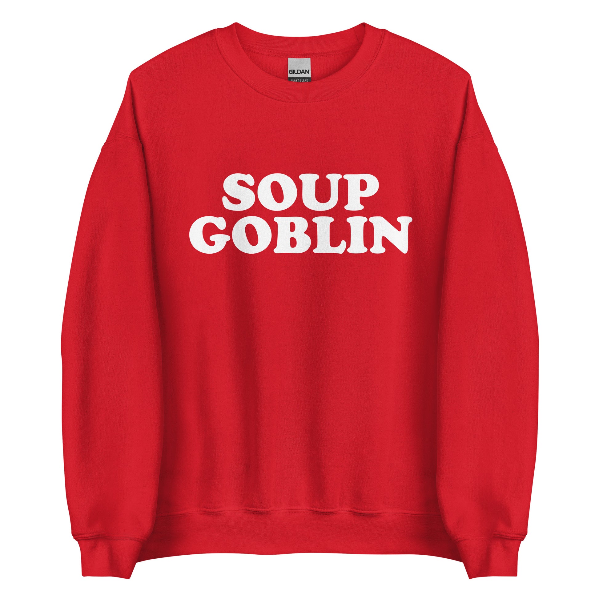 Red Soup Goblin Sweatshirt from Nina's Funky Shop by ninanush - Are you a soup goblin? Looking for a funny foodie gift? Our Soup Goblin Crewneck Sweatshirt is soft, comfortable and just what you need. It's a unisex soup sweatshirt with "soup goblin", expertly printed on the front. A funny foodie sweatshirt for soup enthusiasts and a quirky sweatshirt for everyday streetwear.