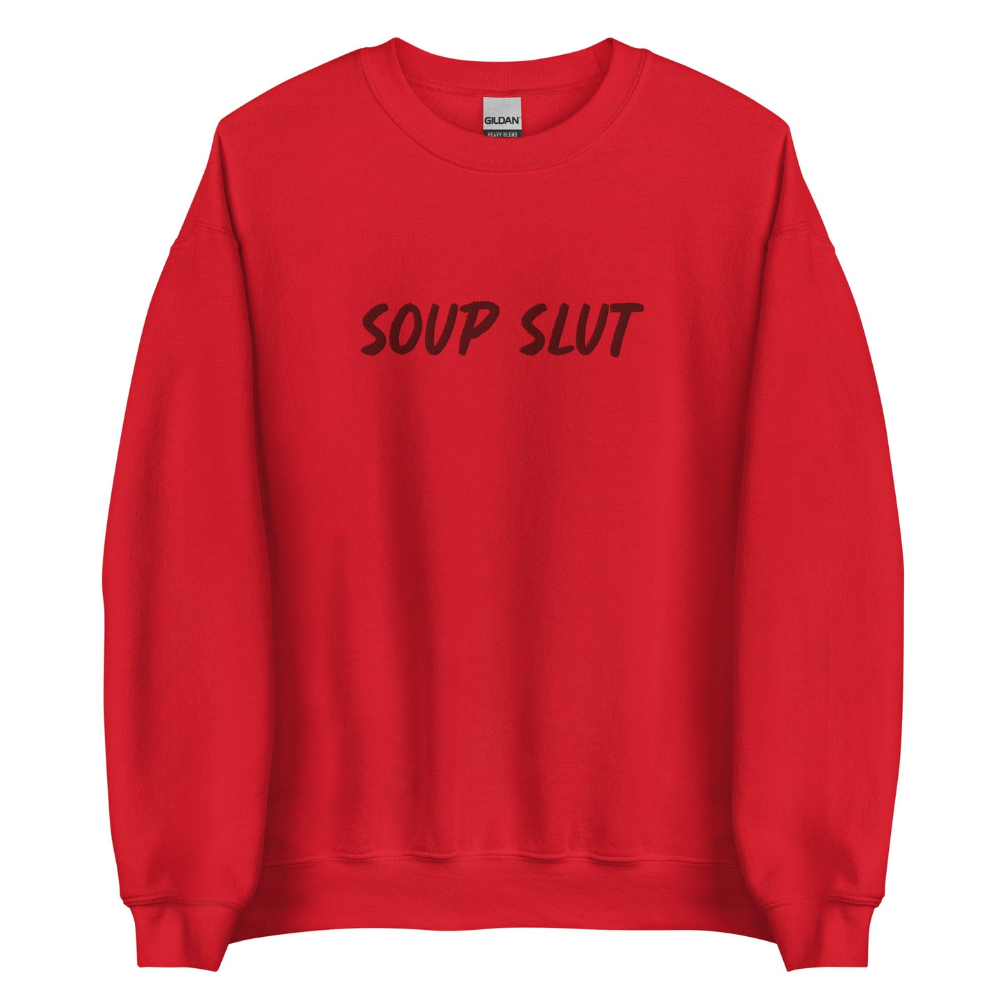 Red Embroidered Soup Slut Sweatshirt from Nina's Funky Shop by ninanush - Do you love soup? Looking for a funny gift? Our Soup Slut Embroidered Crewneck Sweatshirt is just what you need. It's a unisex soup sweatshirt with "soup slut" on the front. A funny foodie sweatshirt for cozy nights in or stand out streetwear for soup enthusiasts. This embroidered soup sweatshirt is made just for you.