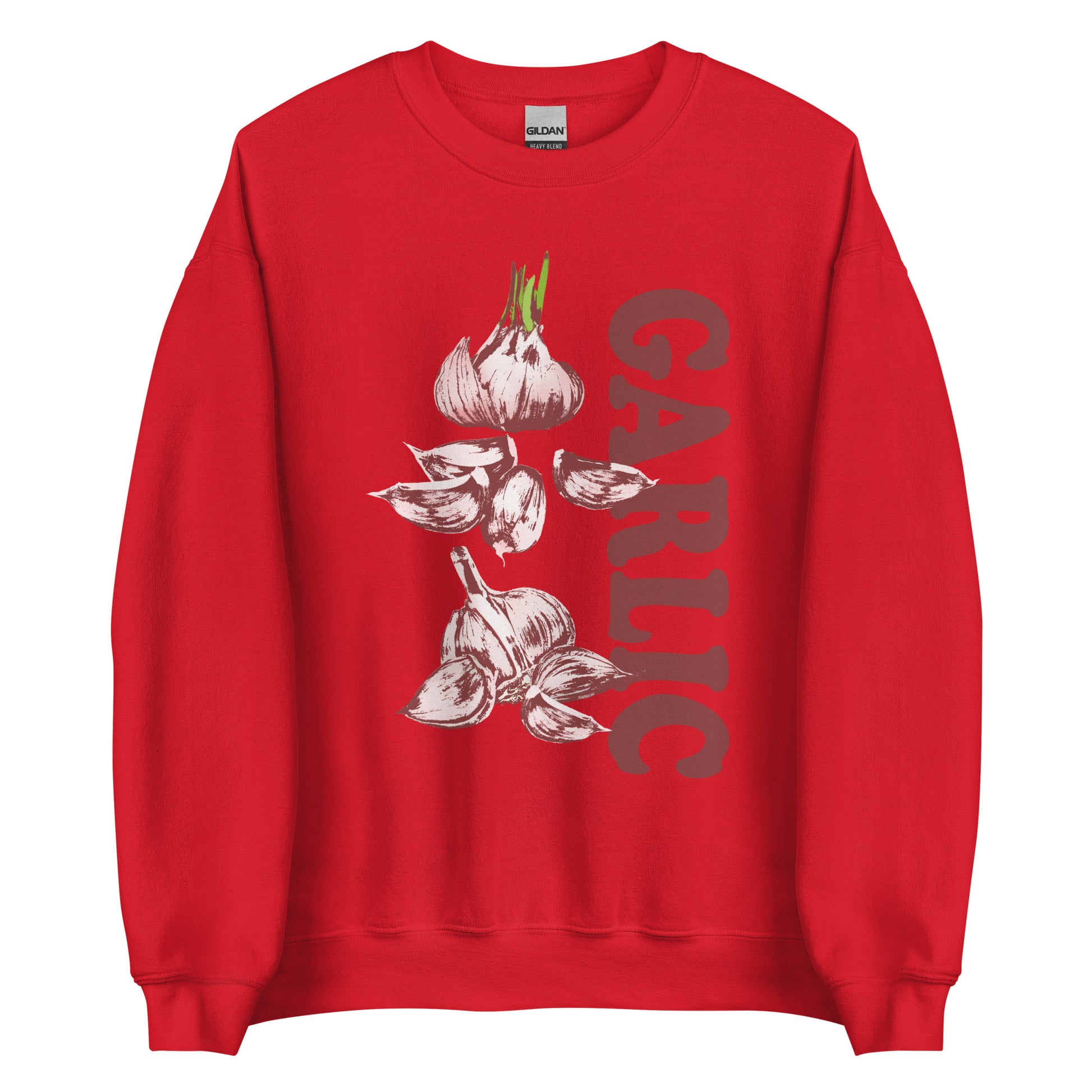 Red Garlic Sweatshirt from Nina's Funky Shop by ninanush - Love garlic? Looking for a funky gift for garlic lovers? Our Garlic Crewneck Sweatshirt is soft, comfortable and just what you need. It's a unisex sweatshirt with a unique, hand drawn garlic design expertly printed on the front. A funny foodie sweatshirt for cozy nights in or stand out streetwear for garlic enthusiasts.