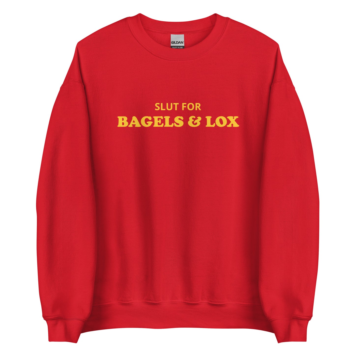 Red Bagels and Lox Sweatshirt from Nina's Funky Shop - Love bagels and lox? Looking for a funny gift for a bagel lover? Our Slut For Bagels & Lox Crewneck Sweatshirt is soft, comfortable and just what you need. It's a unisex sweatshirt that comes in a variety of colors with "Slut For Bagels & Lox", expertly printed on the front. The perfect funny bagel sweatshirt for everyday foodies.