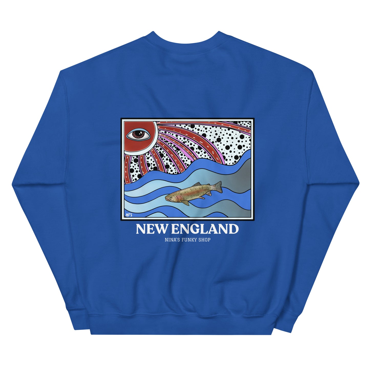 Royal Blue New England Rainbow Trout Sweatshirt - This funky rainbow trout crewneck sweatshirt is unique and expertly printed just for you. It's a soft and cozy sweatshirt, perfect for everyday streetwear or a gift for a New Englander. 