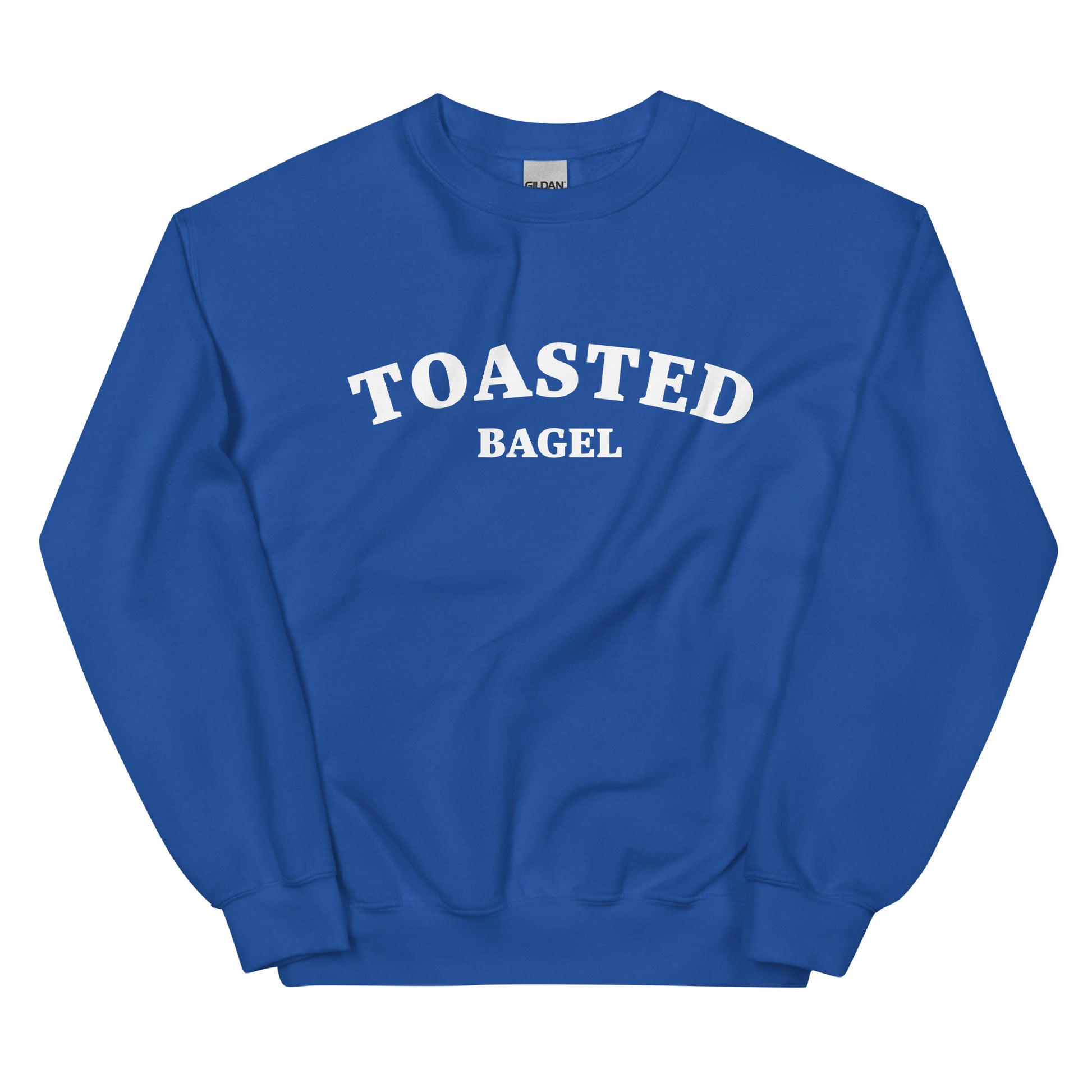 Royal blue bagel lover sweatshirt - A colorful toasted bagel sweatshirt for bagel lovers. It's soft, comfortable, designed for bagel aficionados and made just for you. Eat your favorite bagel in this funny food sweatshirt. This quirky design is eye-catching and sure to turn heads. It's the perfect funny sweatshirt for bagel enthusiasts and foodies of all kinds.  