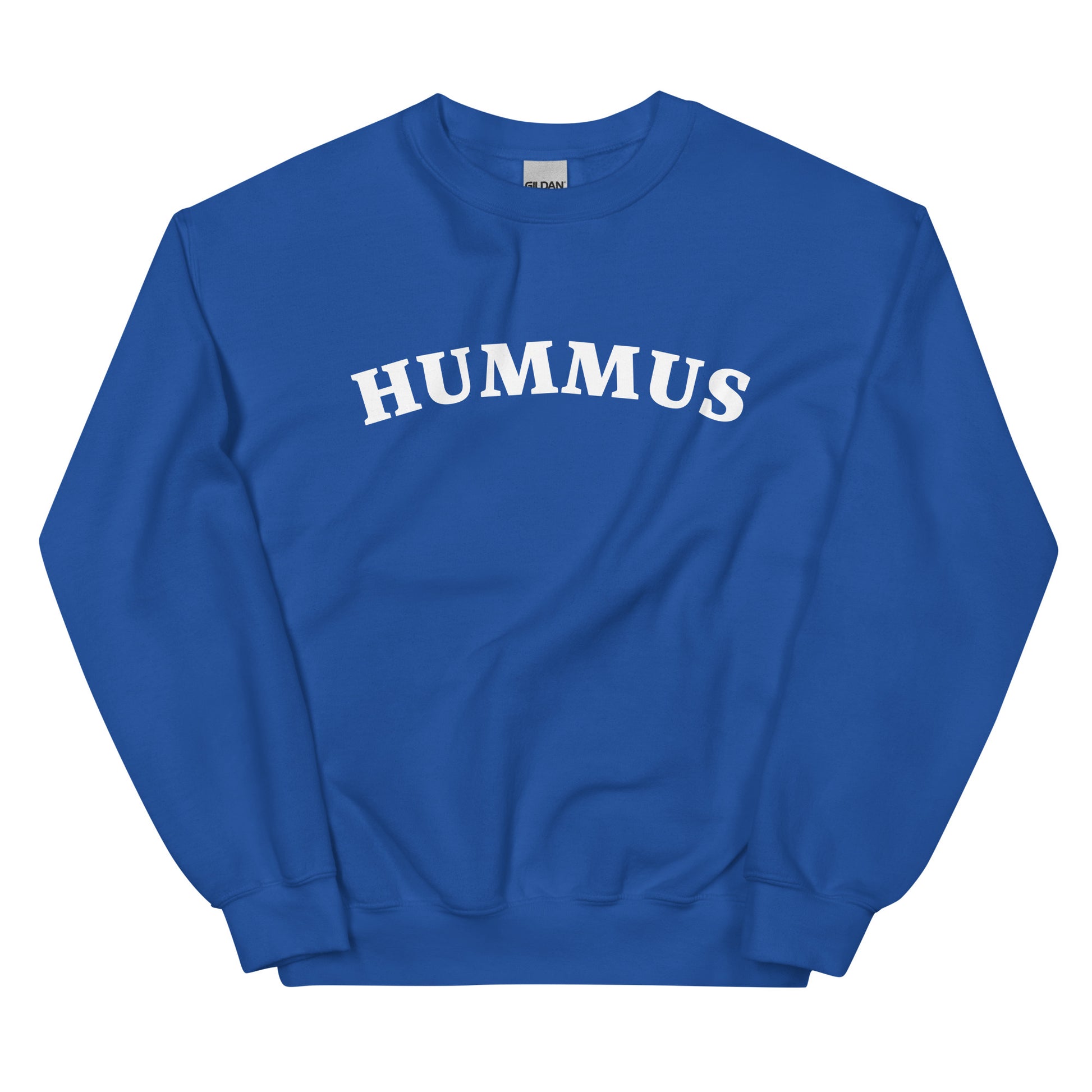 Royal blue hummus sweatshirt - A hummus sweatshirt for foodies and chickpea lovers. This unique crew neck sweatshirt is designed for hummus enthusiasts and made just for you. It's a colorful hummus lover sweatshirt that stands out and makes a statement. A funny gift for hummus lovers or a quirky sweatshirt for everyday funny foodie streetwear. 